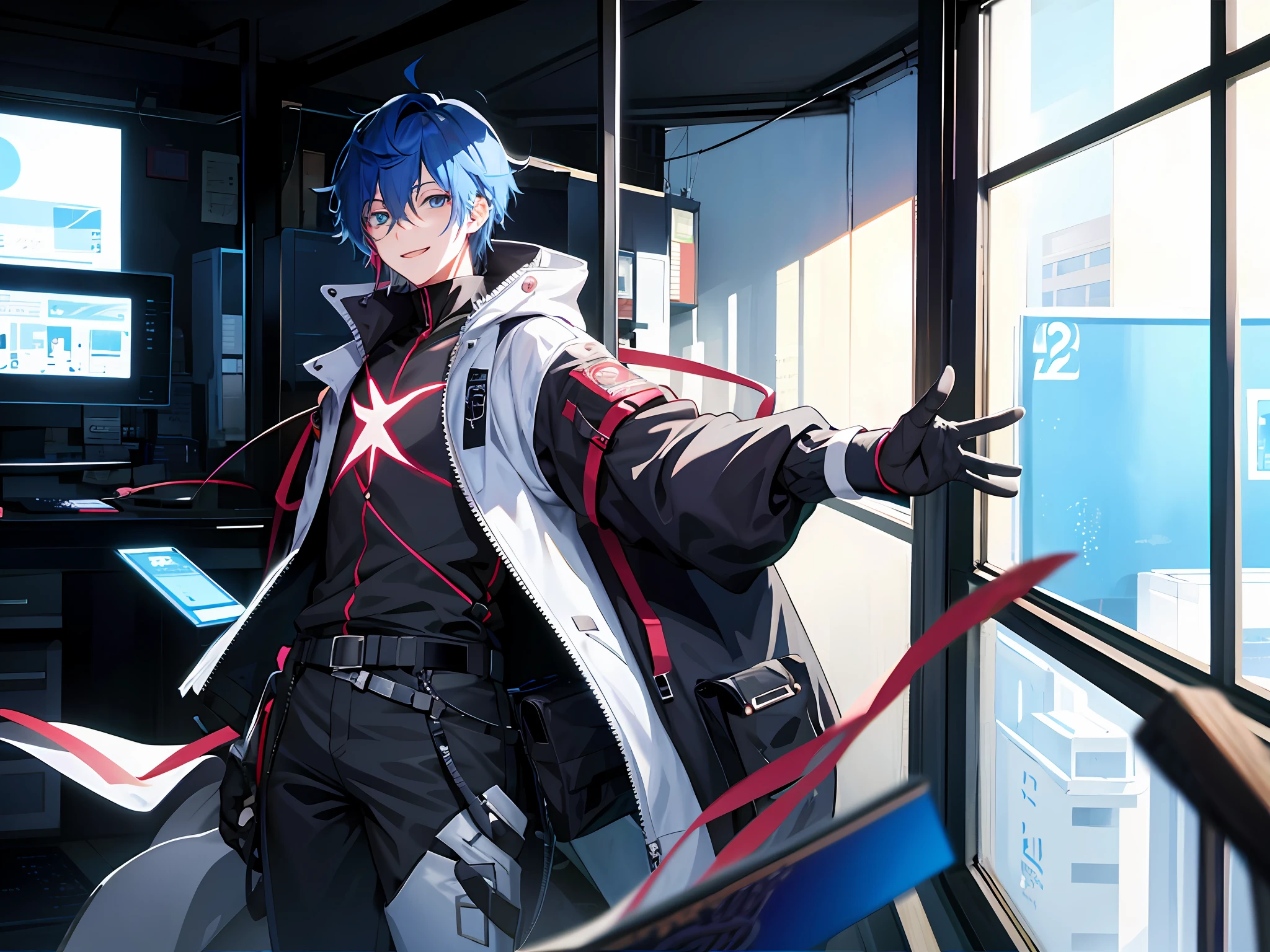 Anime boy talking into microphone with headphones, anime moe art style, ig studios anime style, nightcore, style of anime4 K, High quality anime art style, Anime Boy, young anime man, tall anime man with blue eyes, Anime Art Style, digital anime illustration, Anime style. 8K, In an anime style, male anime characters, Male anime style、Peace with a smile on the viewer、Close one eye、Sell aphrodisiac
