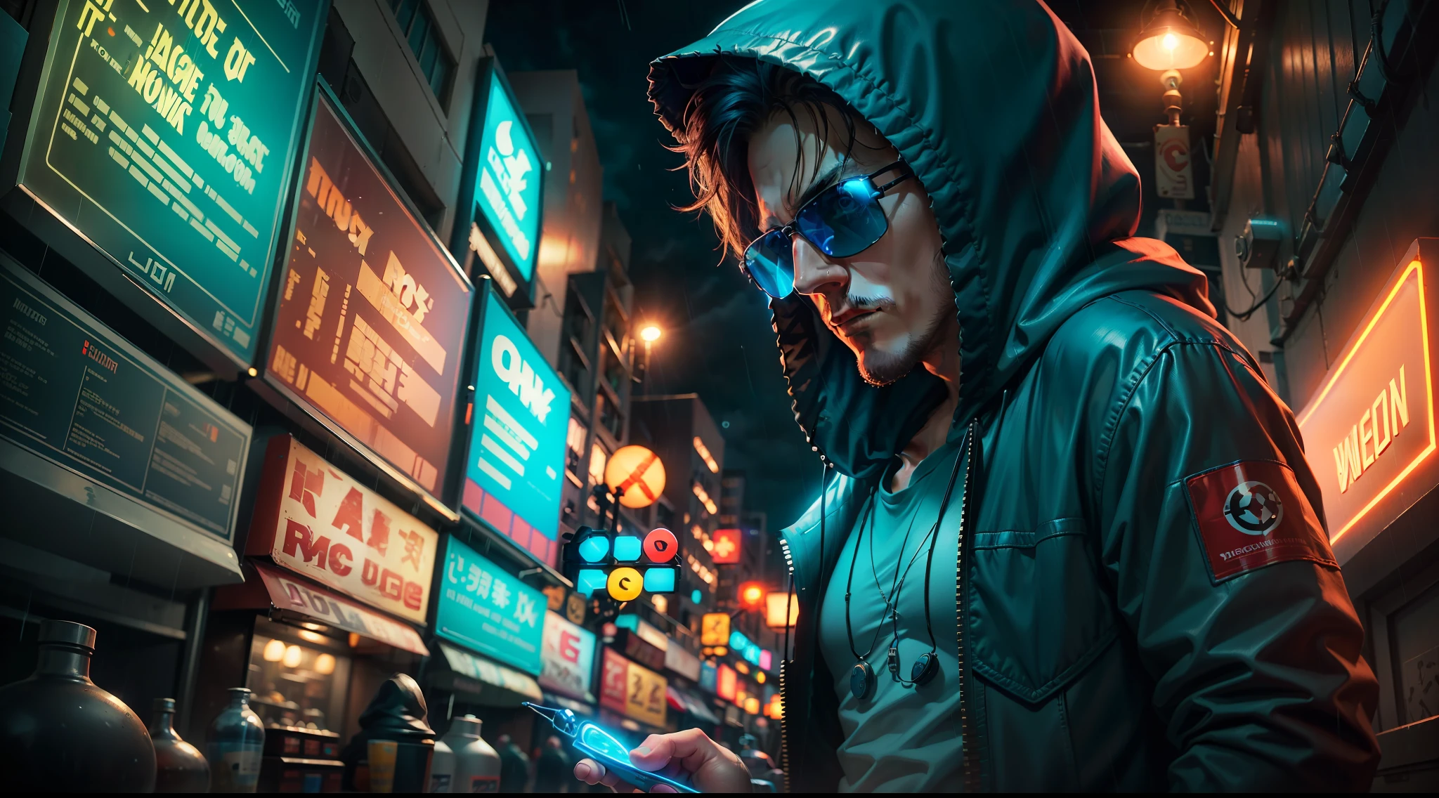 1man, hacker, hood, sunglasses, holding a worm pill and a blue one, movie set, neon light ends, night, rain, volumetric lighting, best quality, masterpiece, realistic