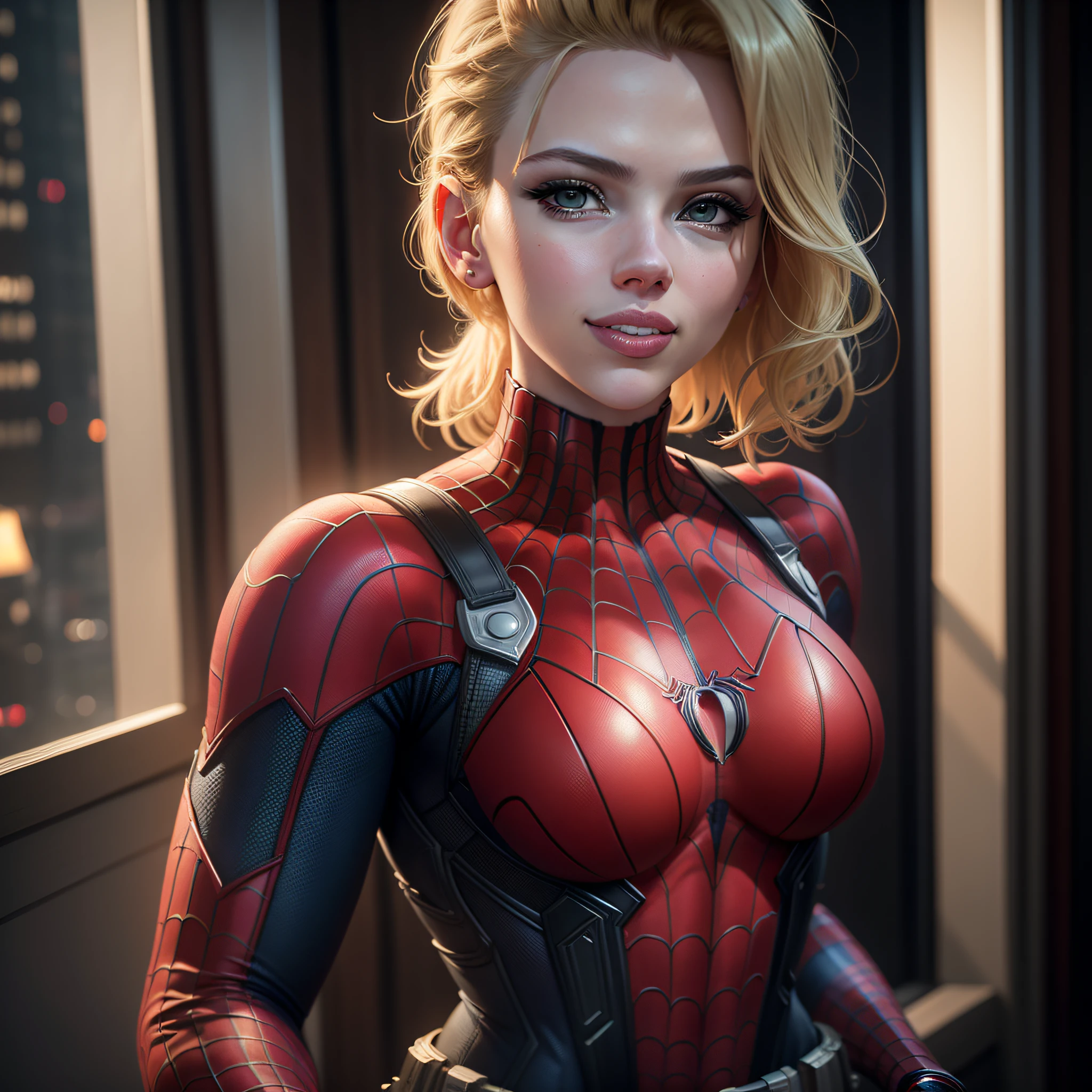 Scarlett Johansson in a spider-man suit, blonde, y, belt, deep neckline, cheeky smile, in new york, shot on dslr, detailed face, cinematography, maximum details, neutral colors, hdr, muted colors, soft cinematic light, insane details, intricate details, hyperdetailed