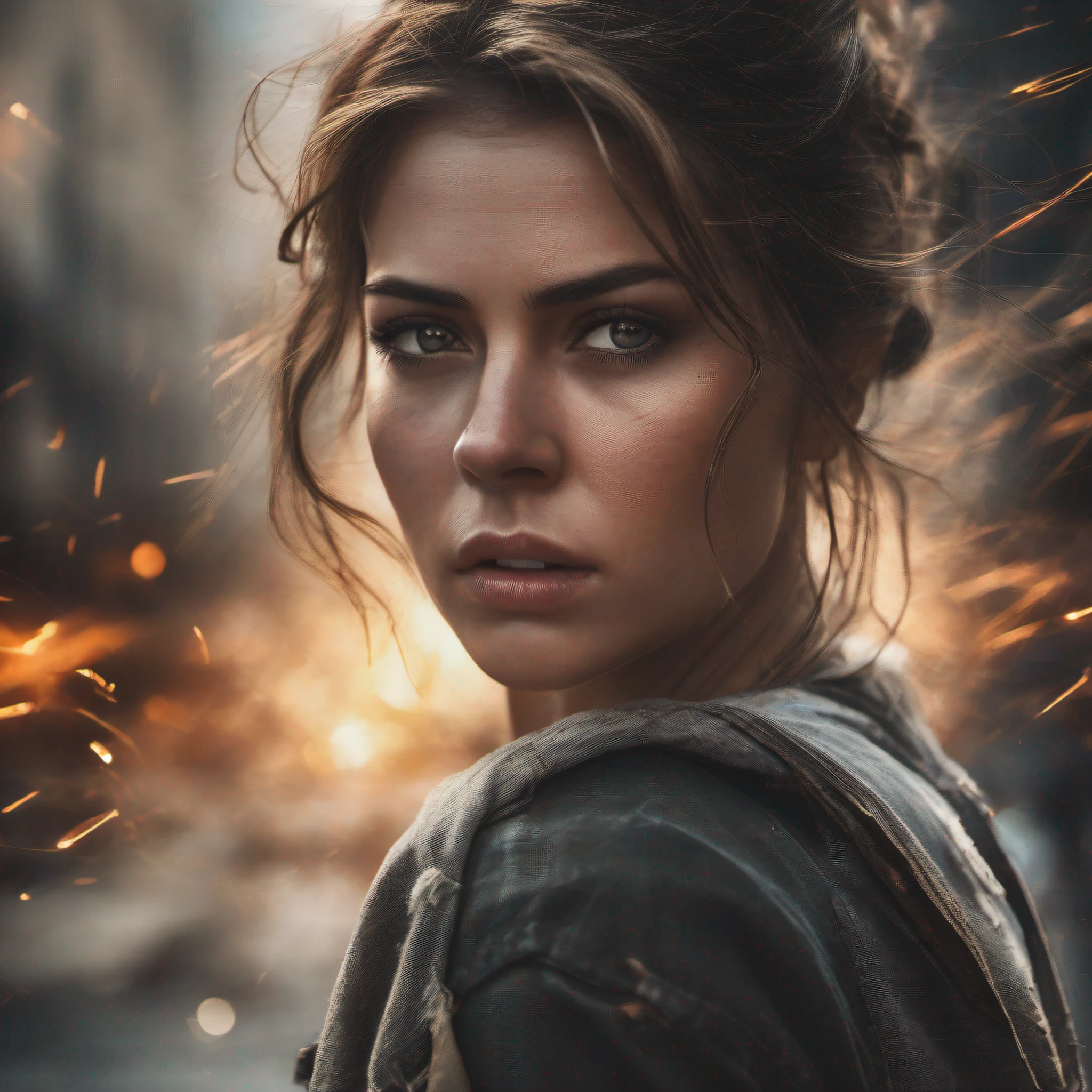 [1] = 1girl, fiercely determined, close up shot, stormy eyes, sparks flying / [2] = A close-up portrait of a determined young woman, her face contorted with determination, her eyes glowing with fiery intensity as sparks fly around her. / [3] = Set in a post-apocalyptic cityscape, dark and desolate, with remnants of a once bustling civilization. / [4] = The atmosphere is charged with tension and anticipation, as if a pivotal moment in a fierce battle is about to unfold. / [5] = Photography / [6] = Shot with a high-speed camera to capture the dynamic sparks, using a wide aperture lens to create a shallow depth of field and focus on the girl's intense expression.