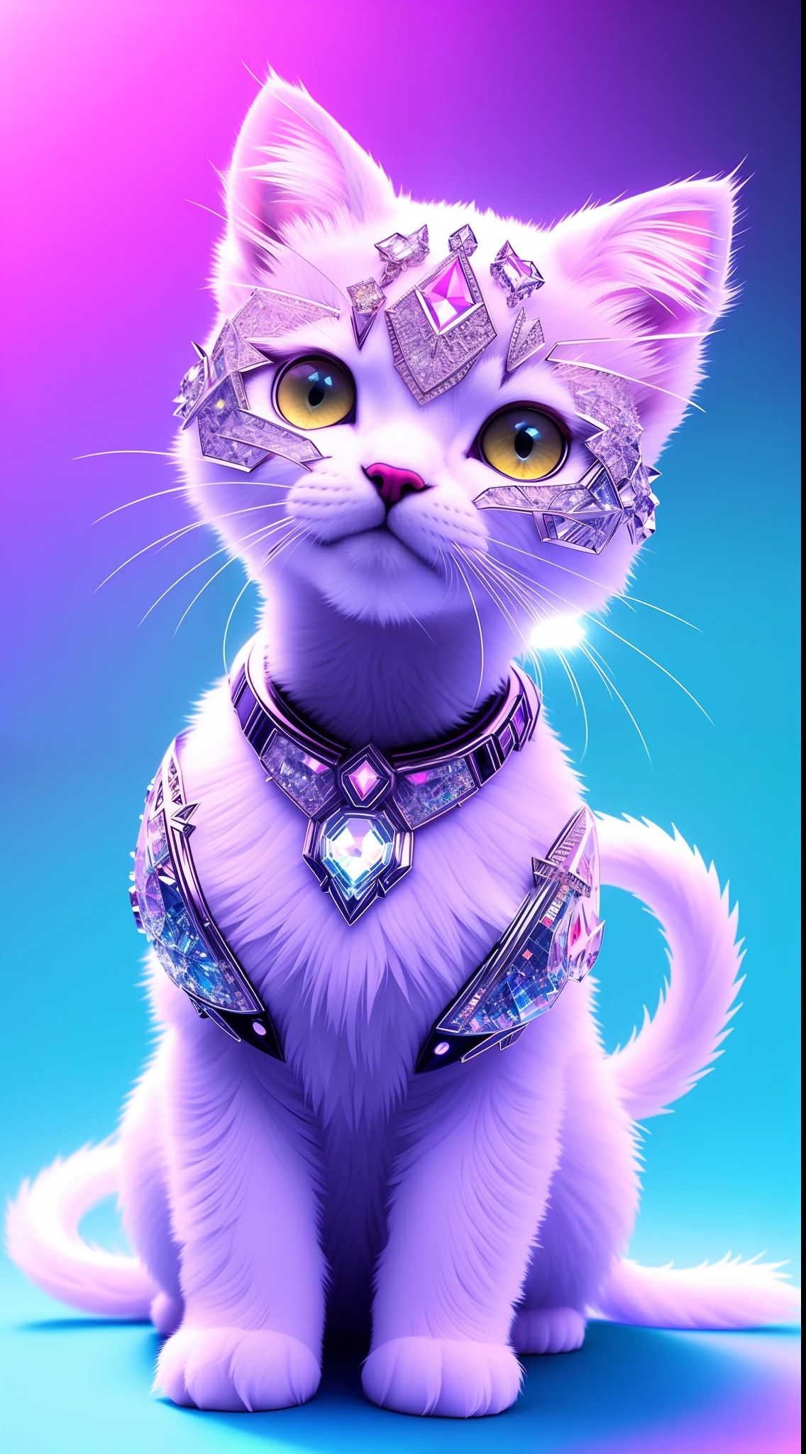 A cute crystal kitten，made of crystals, full bodyesbian, 4K, (Cyborg:1.1), ([Tail|thin linework]:1.3), (intricately details), hdr, (intricately details, Super detail:1.2), Cinematography, centering, Cute kitten made of crystal, 4K, (Cyborg:1.1), ([Tail|thin linework]:1.3), (intricately details), hdr, (intricately details, Super detail:1.2), Cinematography, centering，In pink，ssmile，looking to the right，floating in air