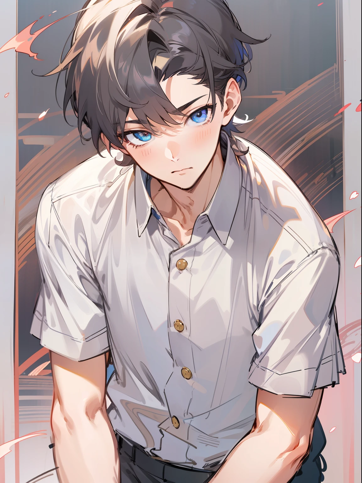 ultra detail,haigh quality,sketch,1boy,mature male,beautiful face,(black center parting hair:1.3),handsome male,pearl skin,white short sleeve shirts,drooping eyes,japanese high school,dynamic angle,japan anime,