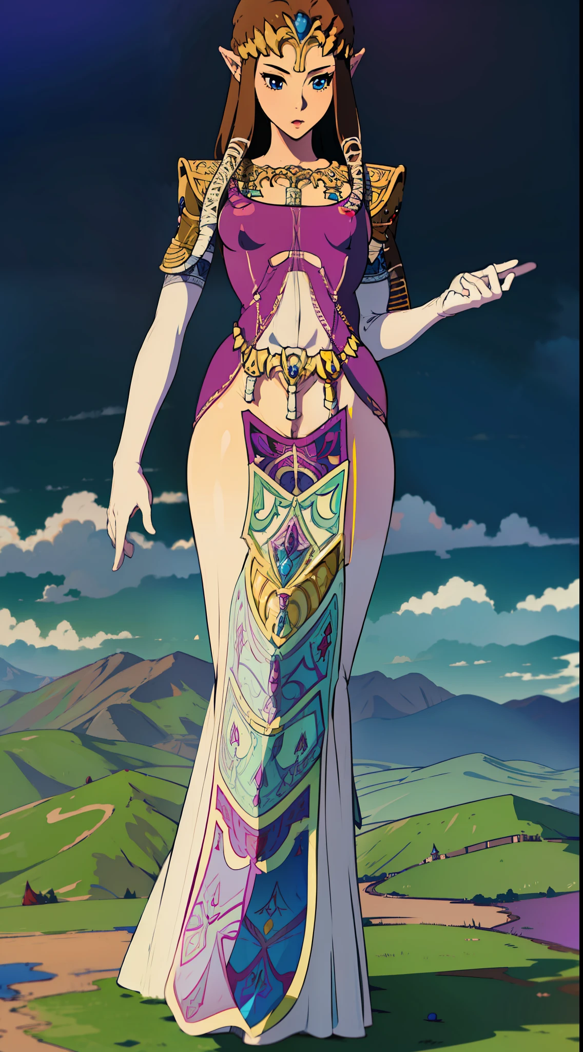 8K high quality, high accuracy, princess zelda, beautiful figure, beautiful face, small face, full body, twilight princess, beautiful, purple full body tights, dress, bright, highlights in eyes, blue eyes, small ears, brown hair, sexy, super big breasts, oversized breasts, protruding nipples, erotic, illustration, beautiful line drawing. Beautiful line drawing.