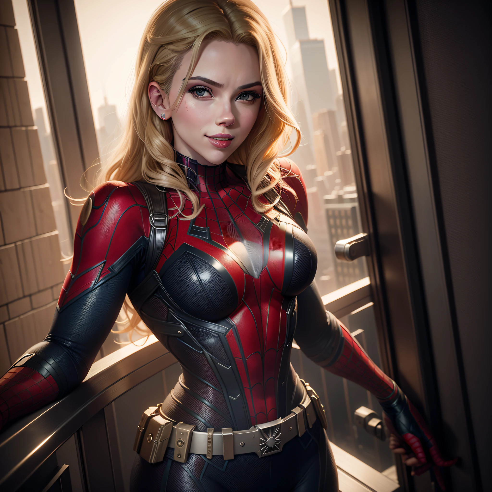 Scarlett Johansson in a spider-man suit, blonde, sexy, belt, deep neckline, cheeky smile, in new york, shot on dslr, detailed face, cinematography, maximum details, neutral colors, hdr, muted colors, soft cinematic light, insane details, intricate details, hyperdetailed