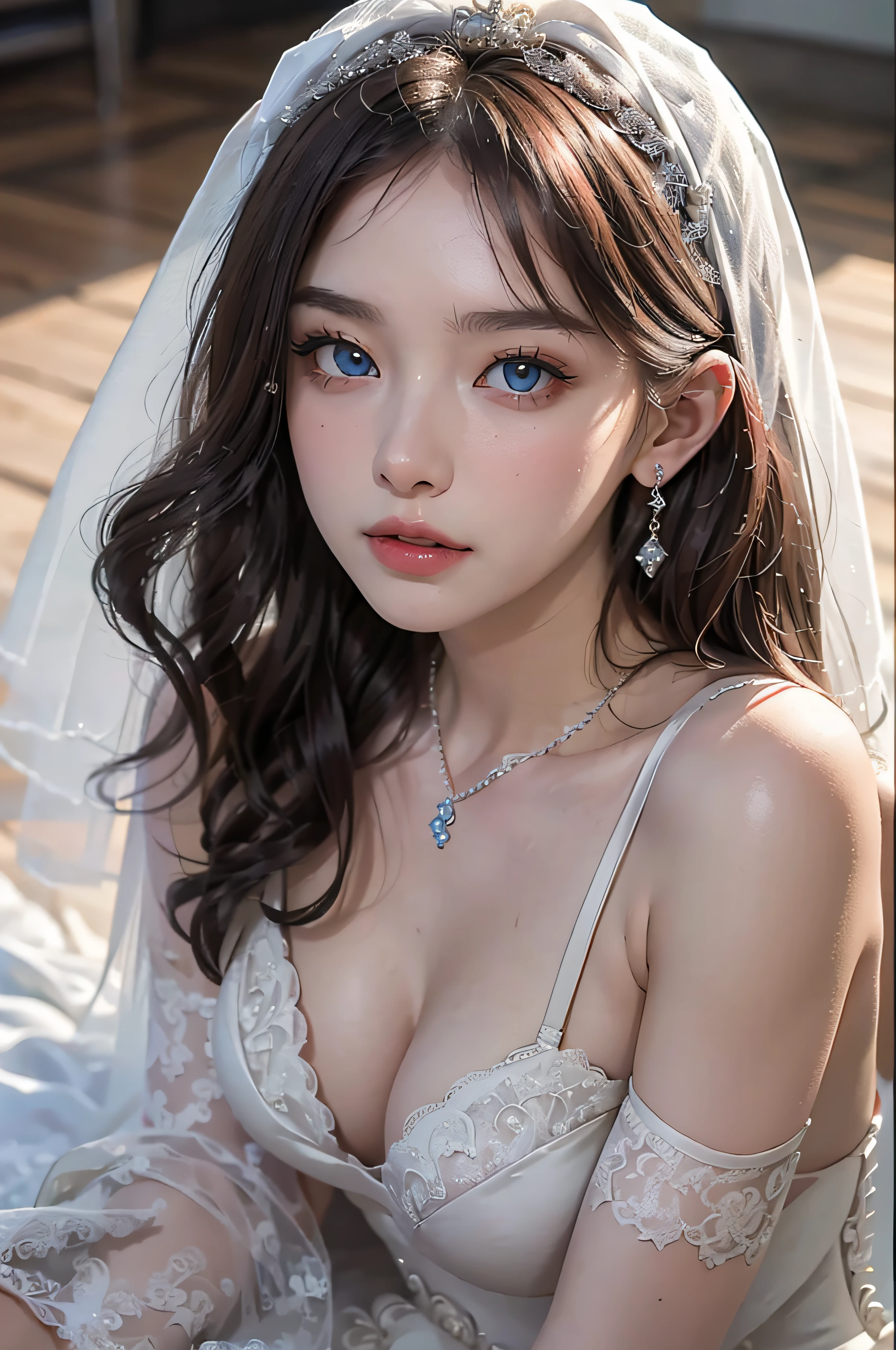 (masutepiece: 1.3), (max resolution: 1.2), (Ultra HDTV: 1.2), cinematric light, 8K resolution, Detailed eyes and skin, detailed facial features, , (Sharp Focus: 1.2), (Focus on Face:1.2),Perfect Style, Beautiful face, acurate, Anatomically correct, Highly detailed face and skin texture, Detailed eyes, Double eyelids, Thin eyebrows, Glitter Eyeliner: 1 Natural cheeks, Glossy skin, Fair skin: 1.2, (Glossy lips: 1.4),、 (Shy look: 1.2),Highly detailed facial and skin texture, Detailed eyes, Double eyelids, Natural cheeks, , shiny lips: 1.4,Exposed cleavage、(A large amount of sperm in the chest:1.4)(Large amount of sperm in the thighs:1.2)、 red blush、humiliated、impatience、dismay、Frightened、glares、embarrassed from、Open knees、open one's legs、Masturbation behavior、masturbation、stroking the chest、White underwear、White bra、Shiny little earrings and necklaces、、Disheveled clothes、Dressing、Exposed panties、Wearing sweat、Stockings、Sweaty thighs、Sheer underwear、 25 years old, Neat and clean woman 、Wavy Hair、 a blond、blue eyes、Semi-long hair, Big, upturned breasts, Sitting on the floor, chies、(weddingdress:1.6)、veils、0