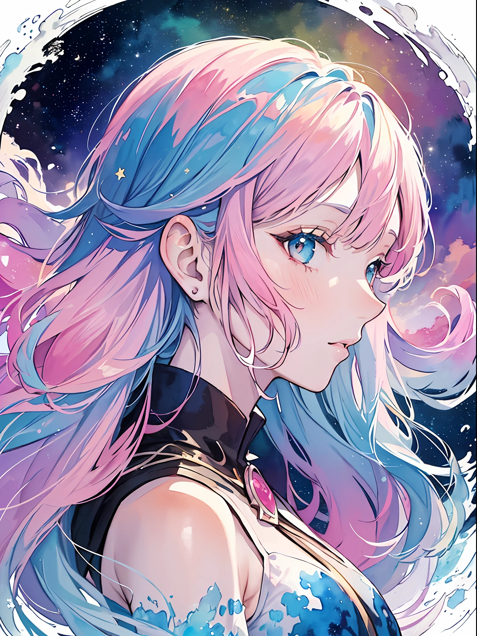 (masterpiece, top quality, best quality,watercolor (medium),official art, beautiful and aesthetic:1.2),(1girl:1.3), (fractal art:1.3),upper body, from side, looking at viewer,patterns,(rainbow color Hair,colorful hair,half blue and half pink hair:1.2),water,liquid, cloud,colorful, starry,stars,