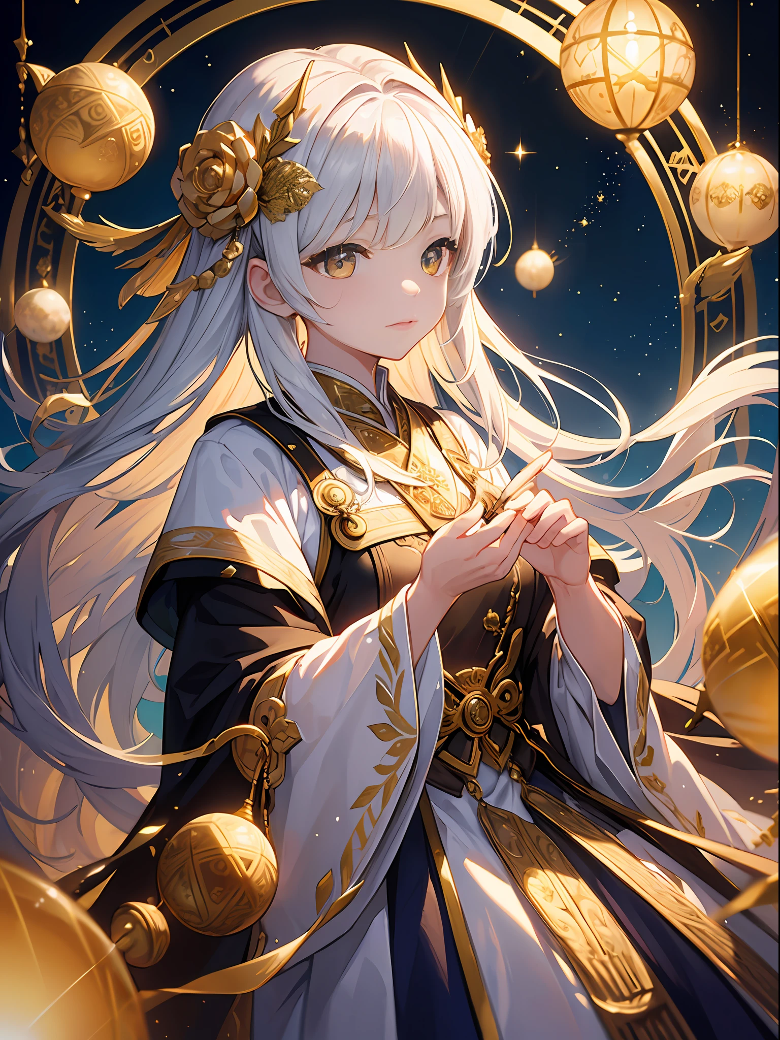 ((4k、masterpiece、top-quality))、ink and watercolor painting、Witches、Golden eyes、Silvery hair、traditional clothes、Traditional costumes、Beautiful light reflection、lensflare、Seasonal geometric patterns、natural、the golden ratio、sound effects