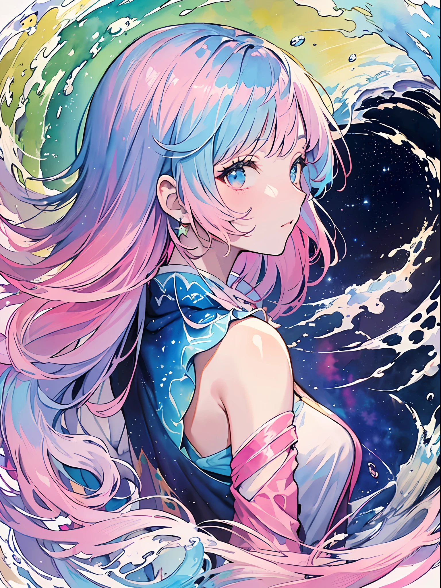 (masterpiece, top quality, best quality,watercolor (medium),official art, beautiful and aesthetic:1.2),(1girl:1.3), (fractal art:1.3),upper body, from side, looking at viewer,patterns,(rainbow color Hair,colorful hair,half blue and half pink hair:1.2),water,liquid, cloud,colorful, starry,stars,