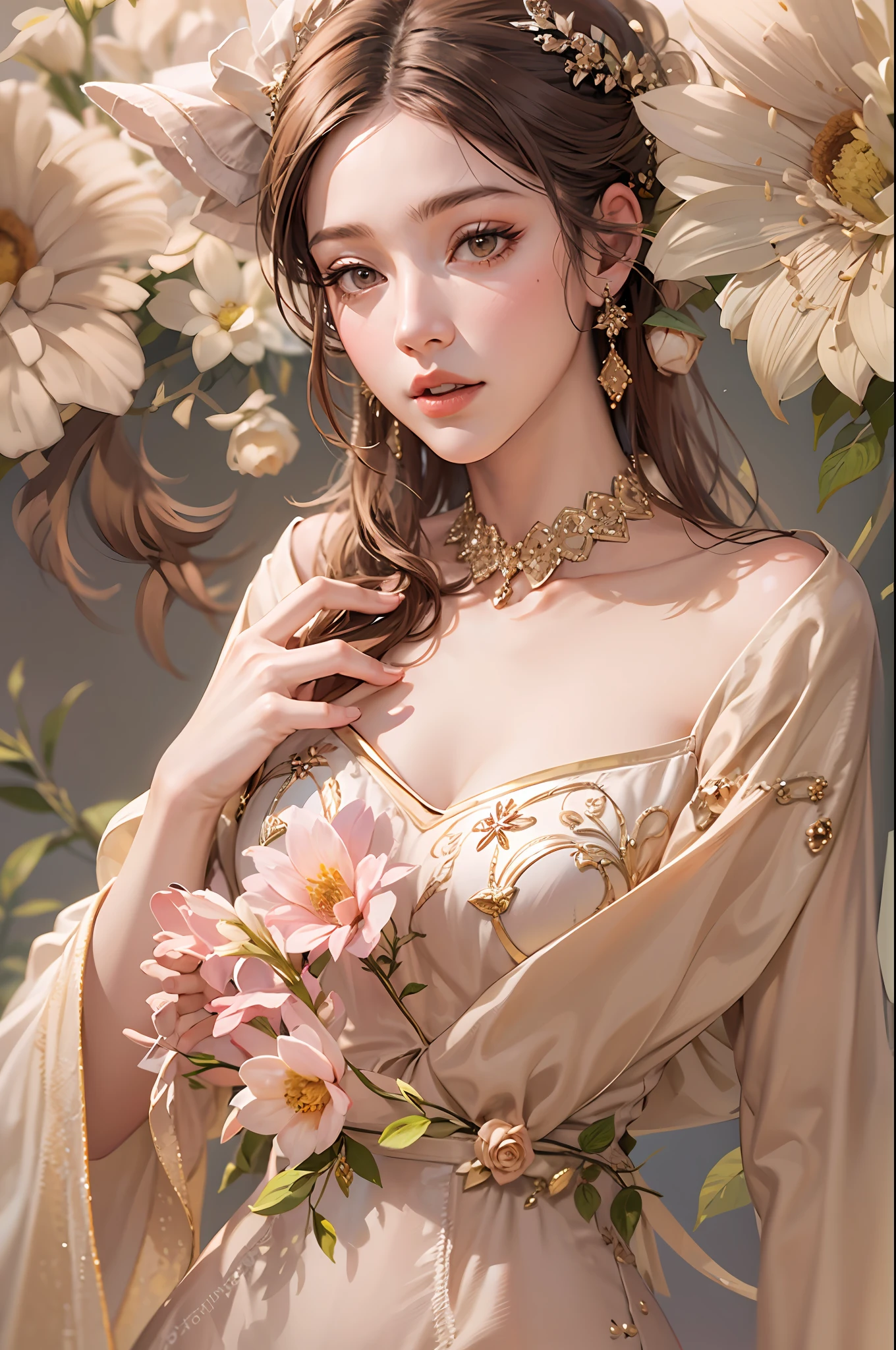 pinkskirt, Petal skirt, Wide sleeves, 1girll, Solo, long whitr hair, high-heels, brown hair, Thighs, Thighs, shift dresses, Separate sleeves, florals, Realistis, with brown eye, hair adornments, exposed bare shoulders, Wide sleeves, flower hairpin