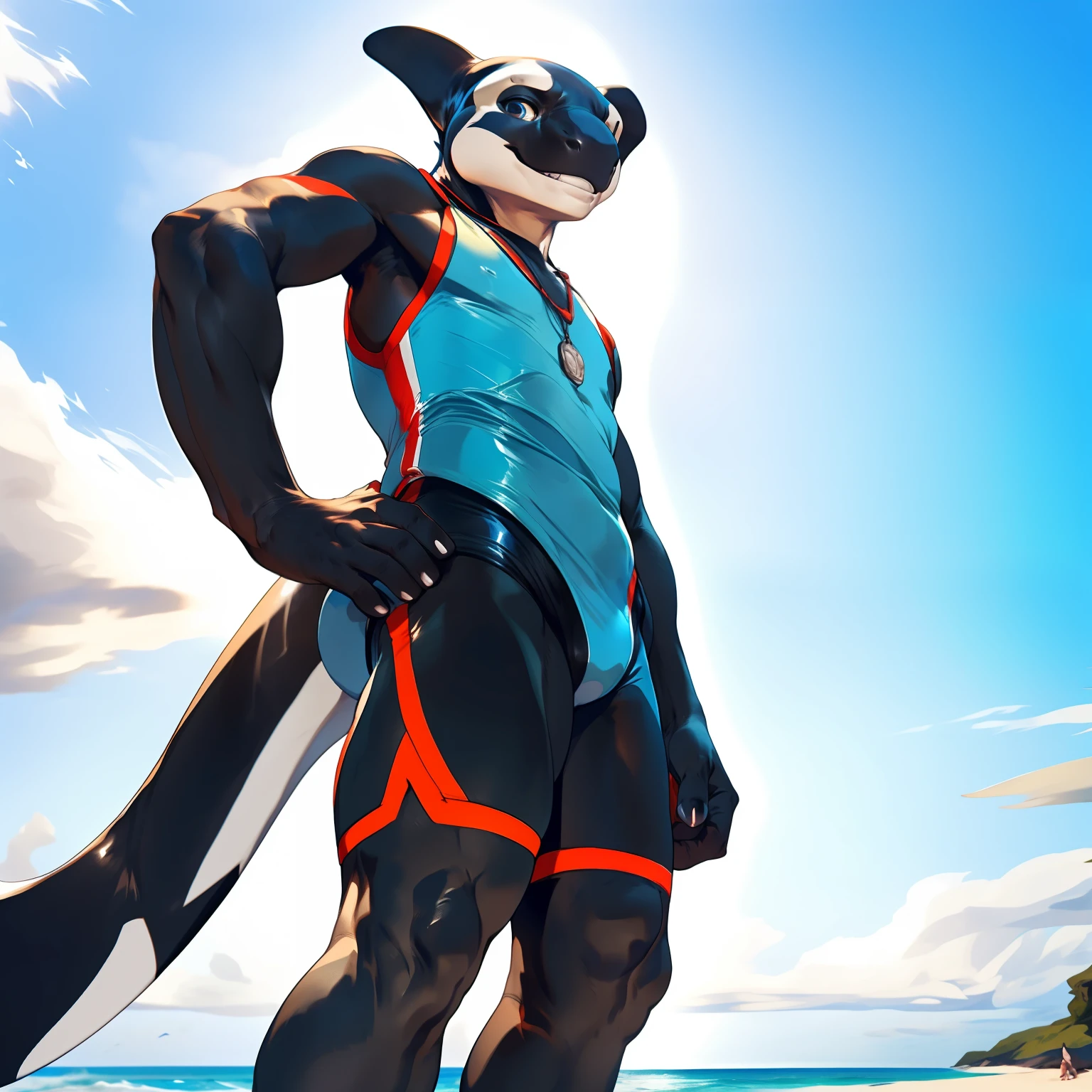 2d, masterpiece, best quality, 4k, 8k, ultra highres, raw photo in hdr, sharp focus, photo realism ,real life like, (in a sea beach, detailed background), solo, smile, young boy, , (Standing with hands on hips), wearing a swimsuit, look at viewer, low angle view, low-angle view, orca, young boy, black body, male focus, orca anthro, (ultra detailed face), (by null-ghost, by thebigslick, by darkgem, by honovy)