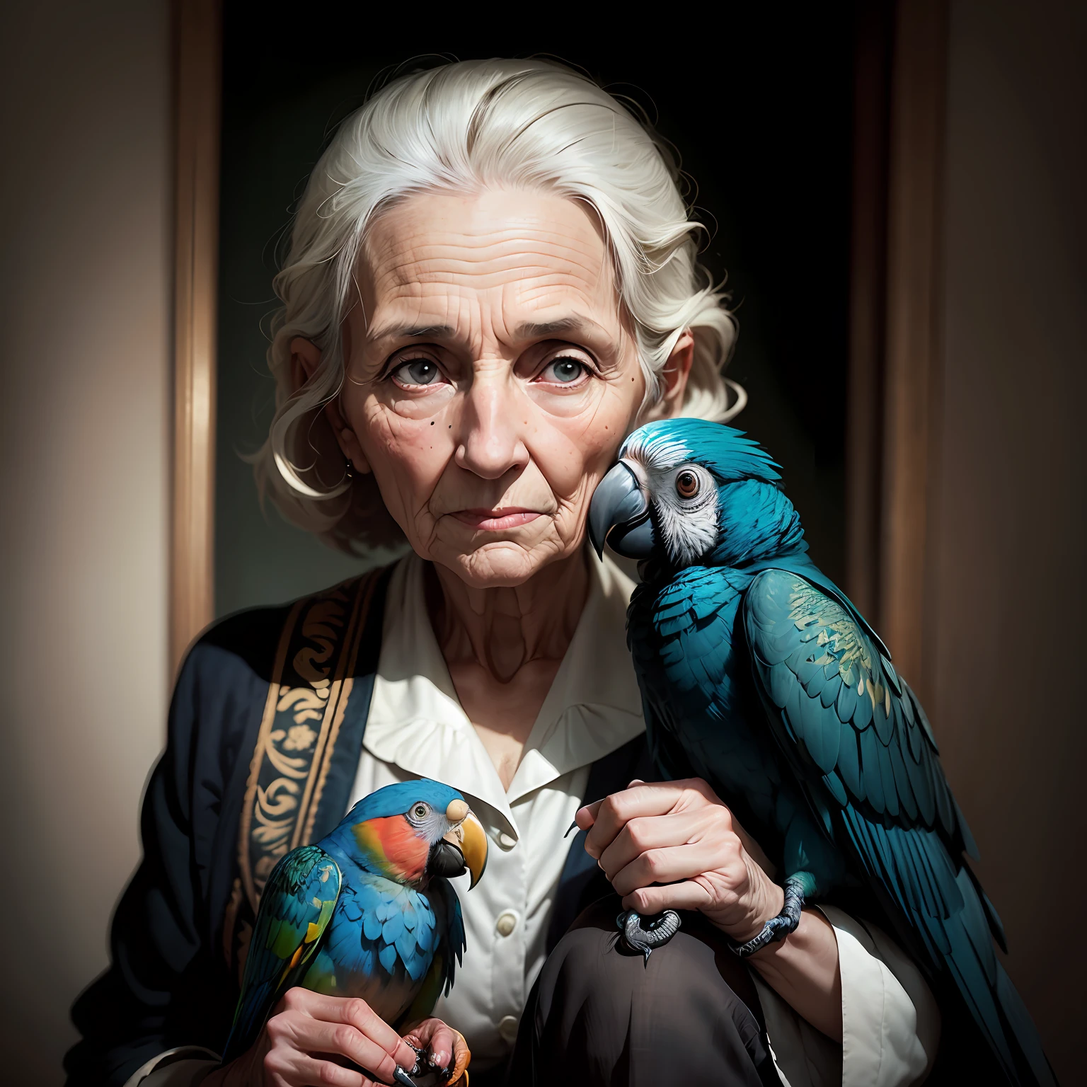Portrait of an elderly lady with a "pet parrot"; soft light, Nikon 15mm f/1.8G, Alessio Balbi, Annie Leibovitz, Lee Jeffries.