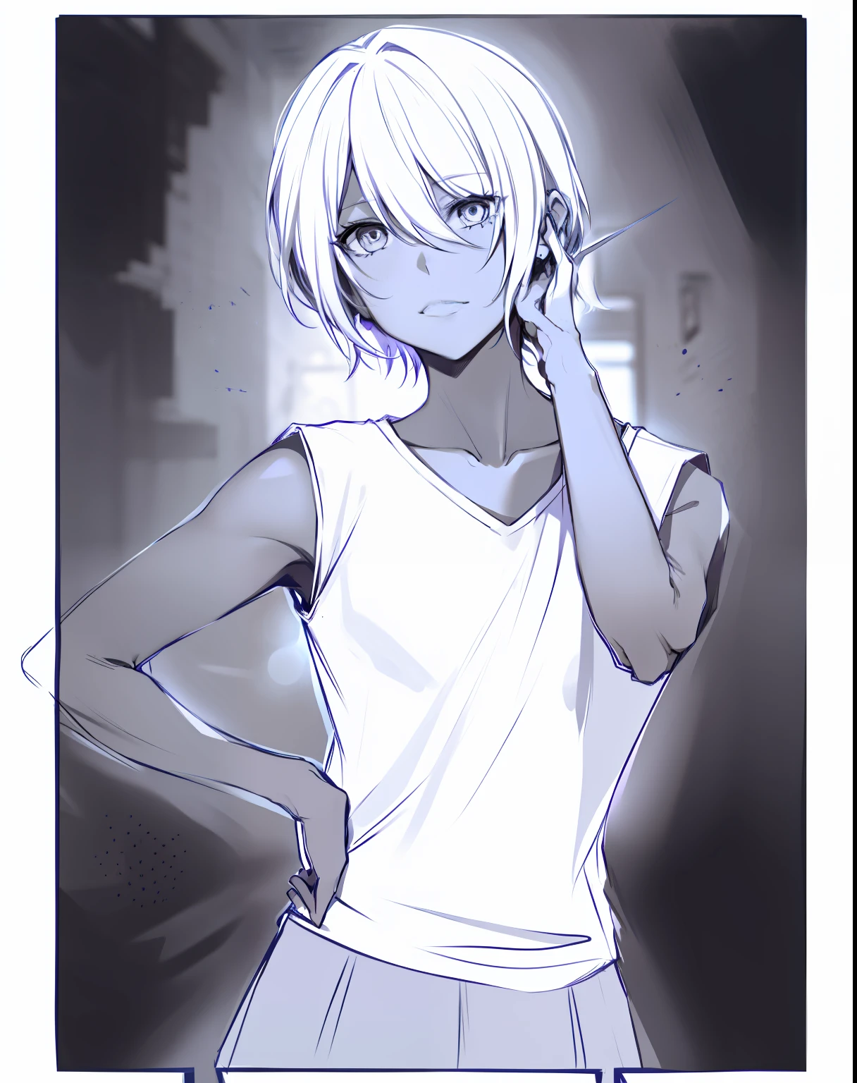 A woman with short hair in a vest rubbed her hair behind her ear,wearing a vest,correct hand,correct hand,A woman with short hair rubs her hair behind her ear, Line sketch!!, clean anime outlines, Line sketch, Outline sketch, matte sketch, Casual pose, anime sketch, Outlined!!!, clean lineart, flat anime style shading, Handsome anime pose, Line art!!, Simple lines of art, anime shading), thick lineart, perfect lineart, sketchy artstyle