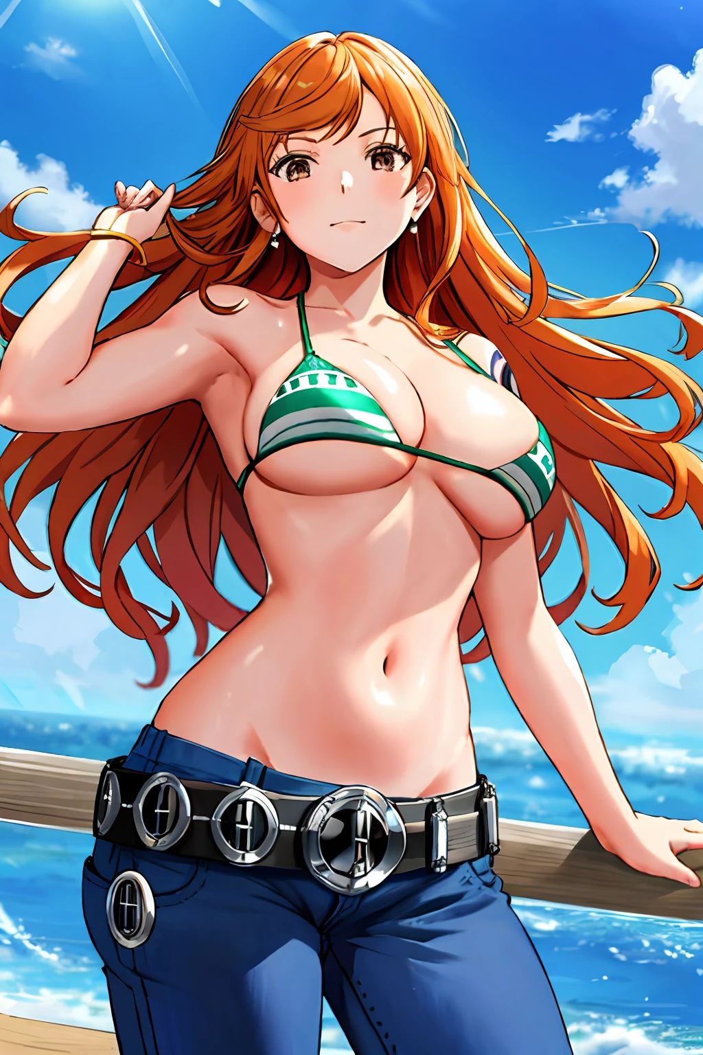 detailed background, masterpiece, 4k, best quality, adult, wrestler, 1girl, active, energic, uppercut, (large mouth) , solo, nami \(one piece\), 1girl, bangle, wet, soaked in sweat, perfect detailed face, bold drawing lines, muscular arms, detailed bold arm lines, flat jaw, adult woman, wavy wide streaked bangs, floating bang streaks, (big cheeks), bare shoulders, off-shoulders, belt, bikini, bikini top only, blue sky, bracelet, springy breasts, breast lines, big round eyes, plain big brown shiny eyes, bubble, high eye position, cleavage, cloud, day, denim, earrings, floating hair, shiny hair, green belt, green bikini, bold groin lines, jeans, jewelry, medium breasts, log pose, long hair, looking at viewer, navel, wet hair, orange hair, pants, shoulder tattoo, sidelocks, sky, solo, standing, stomach, swimsuit, tattoo , looking at viewer, open mouth, detailed left arm, big forehead, hourglass figure, small head, very happy, laughing, toned body, wide hair, wind effect, sun effect, under the sun, narrow small ears angle, older, random poses, tired