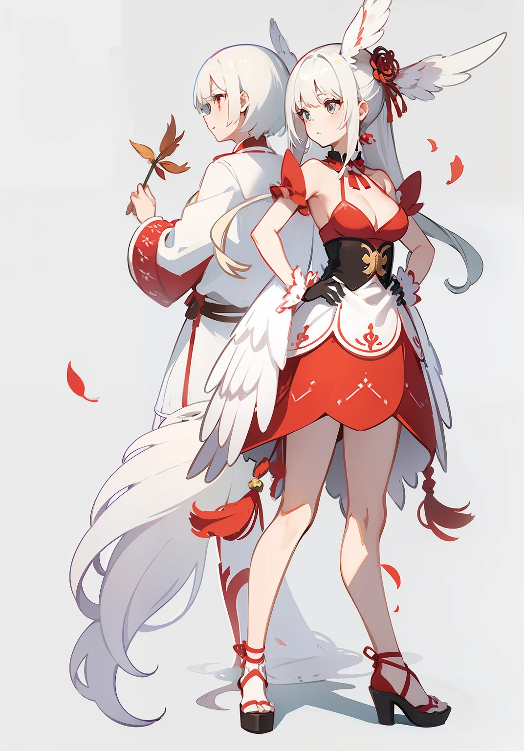 There are two white-haired girls in red feather dresses with flying cranes nearby