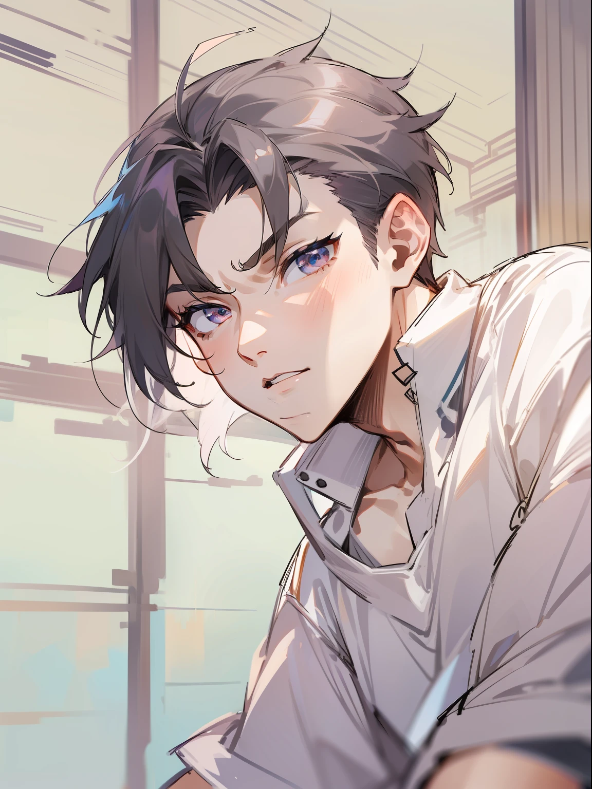 ultra detail,haigh quality,sketch,1boy,mature male,beautiful face,(black center parting hair:1.3),handsome male,pearl skin,white short sleeve shirts,drooping eyes,japanese high school,dynamic angle,japan anime,