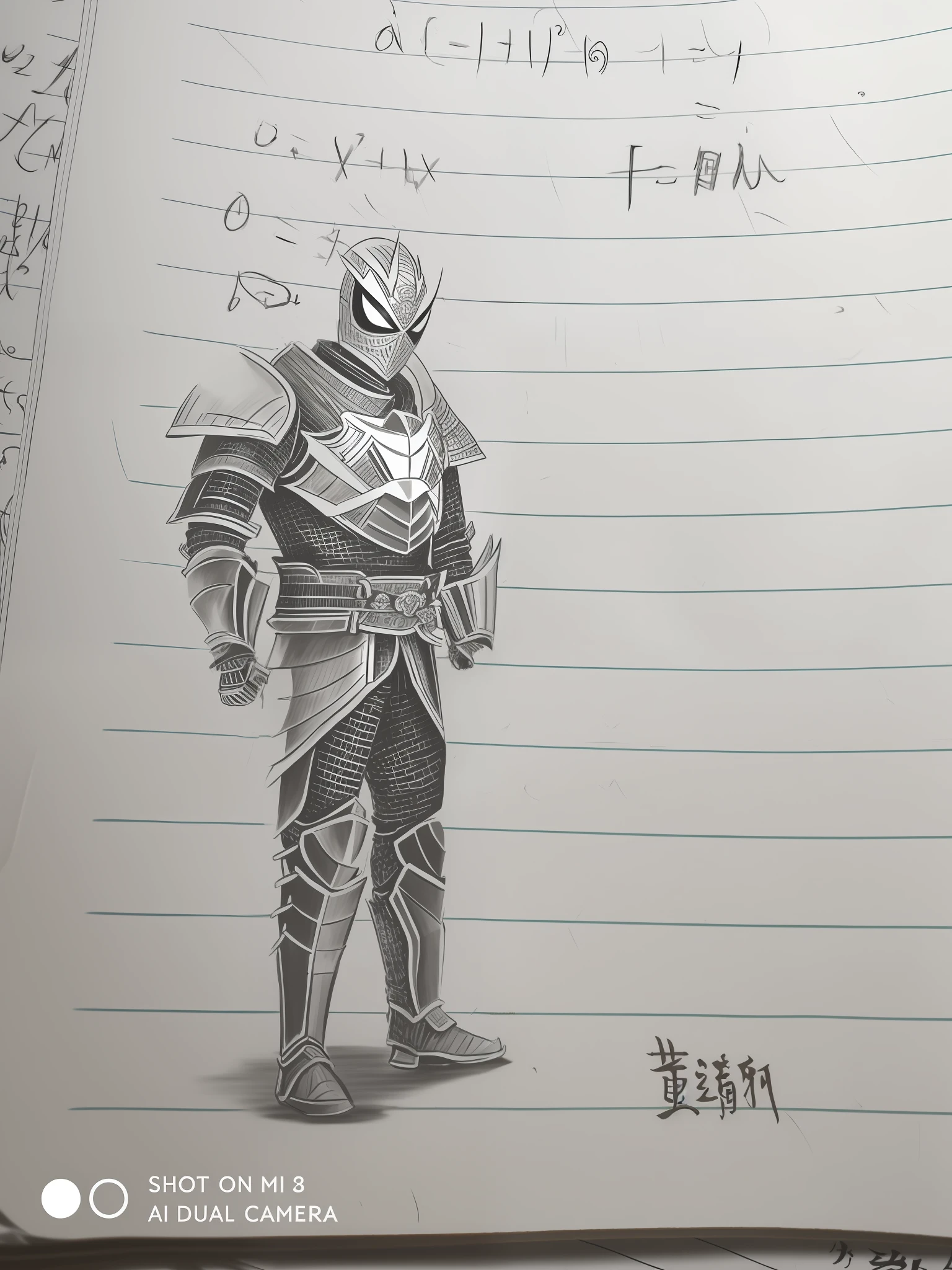 Draw a man with a heart and a sword on a piece of paper, Wearing armor!!, full samurai armor spiderman, Tokusatsu, segmented armor and sashimono, clothed in ancient battle armor, scary knight, an anime drawing, kamen rider character, very very low quality picture, dressed in samurai armour, character is standing, armored knight