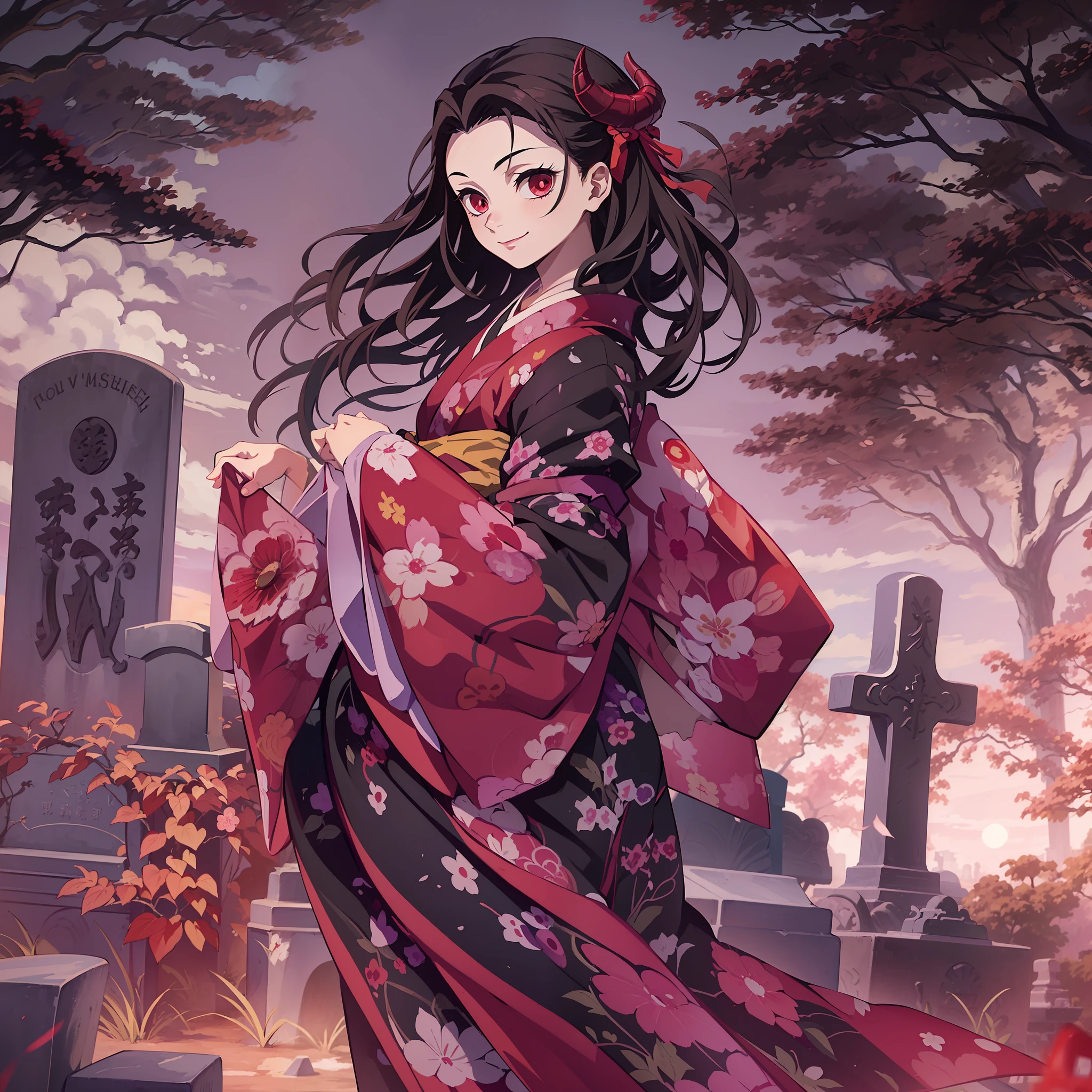 (masterpiece, best quality:1.2), kimetsu no yaiba style, kamado nezuko, (1girl, solo), 18years old, black wave hair, (red demon horns, red eyes), pink kimono, evil smile, from side, (in the cemetery, Japanese style tombstone), look at tombstone
