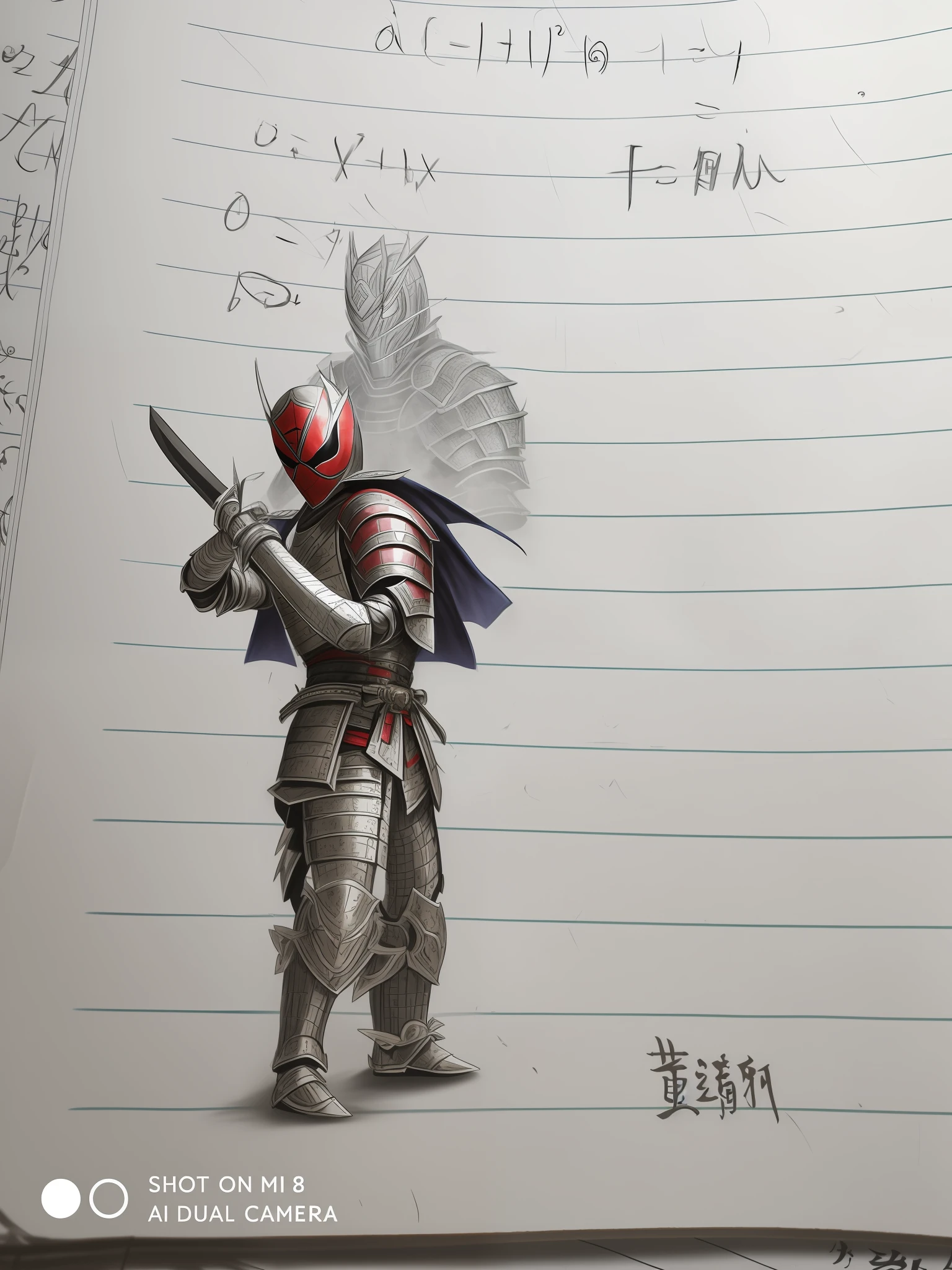 Draw a man with a heart and a sword on a piece of paper, Wearing armor!!, full samurai armor spiderman, Tokusatsu, segmented armor and sashimono, clothed in ancient battle armor, scary knight, an anime drawing, kamen rider character, very very low quality picture, dressed in samurai armour, character is standing, armored knight