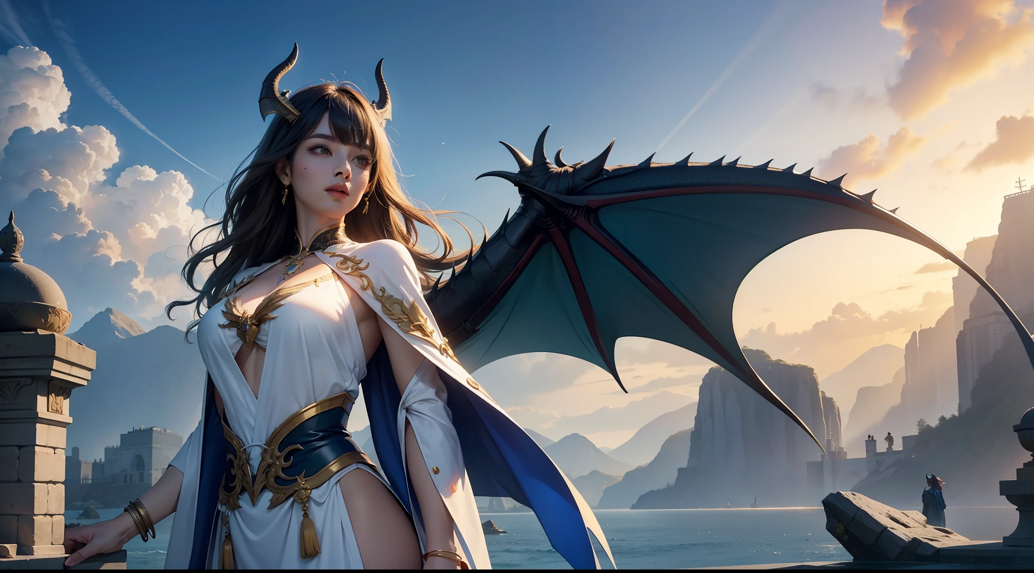 （8K，RAW photos，best qualtiy，tmasterpiece：1.2），ultra - detailed，offcial art，photo-realistic：1.37，upperbody shots，Confident and mature woman，Dragon's horn，Bat wings，Large breasts，magnificent robe，complex patterns，magia，borgar，Natural hair，filmgrain，actionpose，rays of sunshine