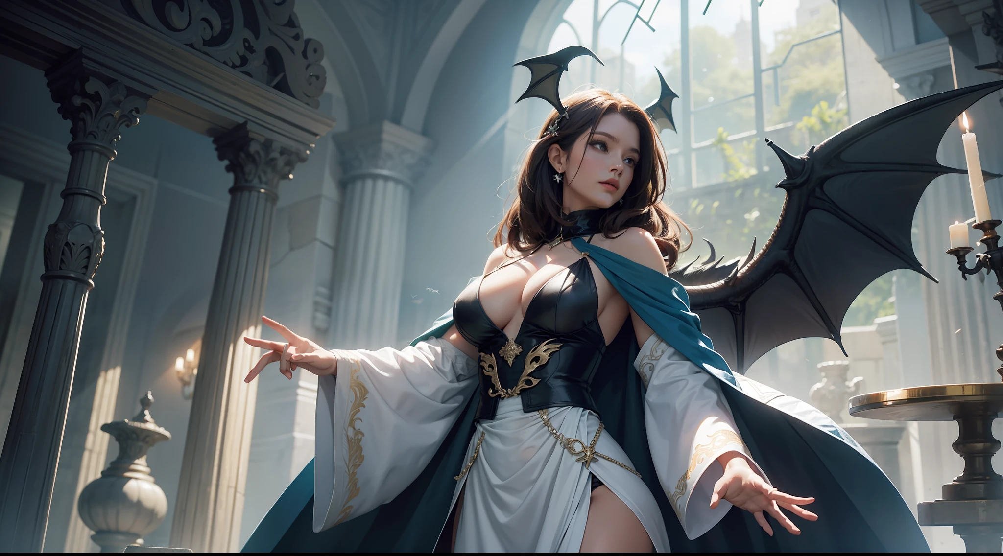 (8K,RAW photos,best qualtiy,tmasterpiece:1.2),ultra - detailed,offcial art,photo-realistic:1.37,upperbody shots,Confident and mature woman,Dragon's horn,Bat wings,Large breasts,magnificent robe,complex patterns,magia,borgar,Natural hair,filmgrain,actionpose,rays of sunshine
