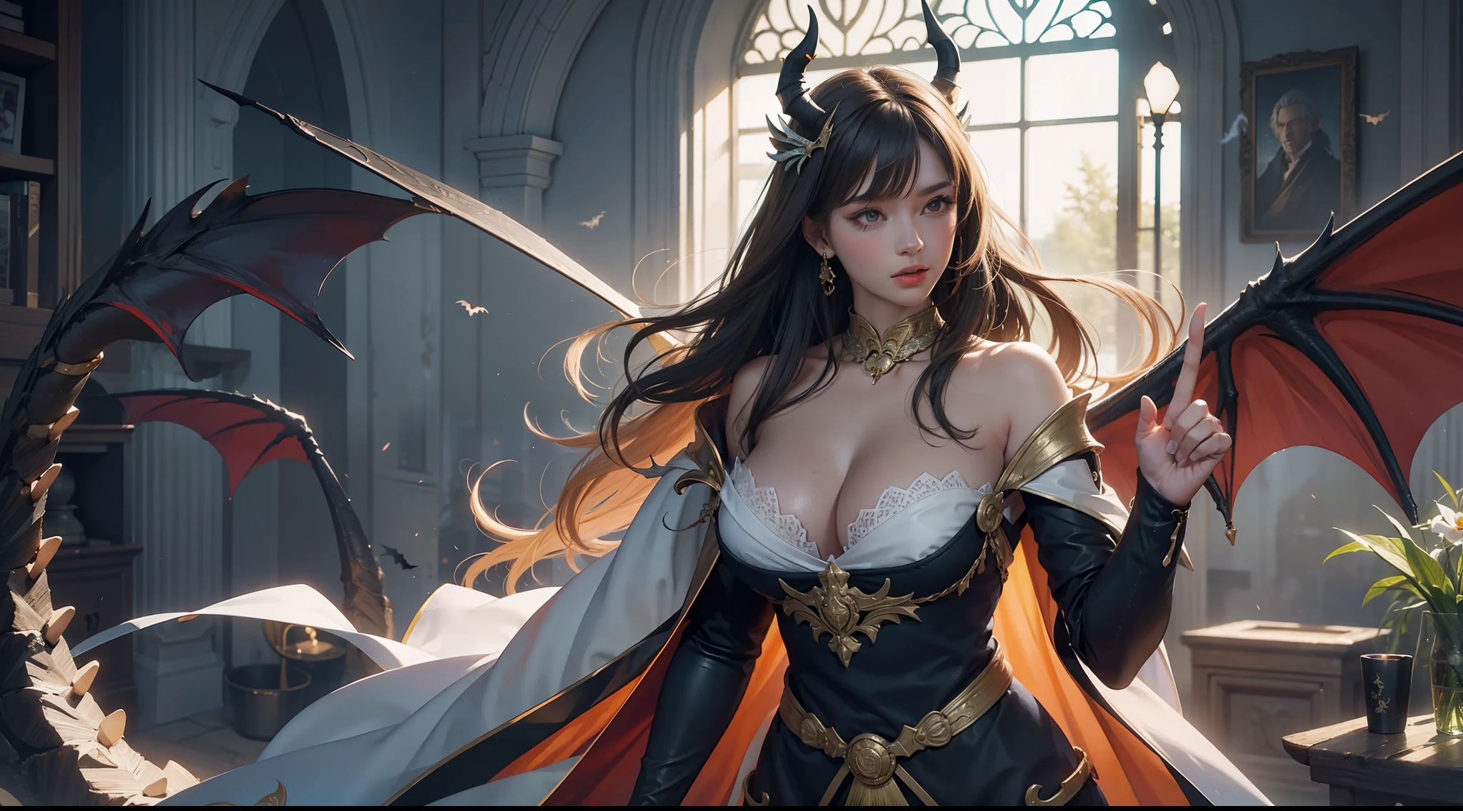 （8K，RAW photos，best qualtiy，tmasterpiece：1.2），ultra - detailed，offcial art，photo-realistic：1.37，upperbody shots，Confident and mature woman，Dragon's horn，Bat wings，Large breasts，magnificent robe，complex patterns，magia，borgar，Natural hair，filmgrain，actionpose，rays of sunshine