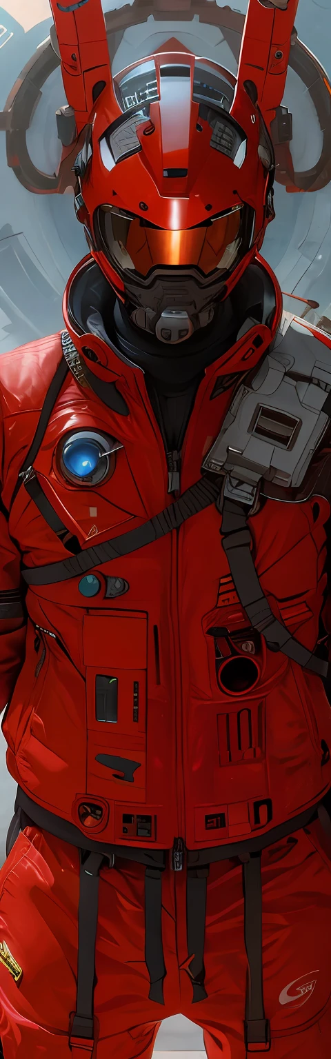 There was a man in a red spacesuit standing in front of the satellite, wojtek fus, sci - fi details, science fiction suit, intense sci-fi details, Ultra detail. Digital painting, science fiction suit, Tech flight suits, Advanced technology flight suit, craig mullins style, detailed sci-fi art, futuristic spacesuit, Sci-fi spacesuit