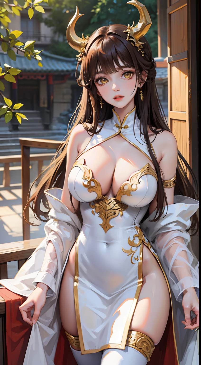 Tall girl, Long brown hair, dragon horns, Yellow eyes, white chinese dress, Gold inserts, open thighs, neckline on the chest, Masterpiece, hiquality