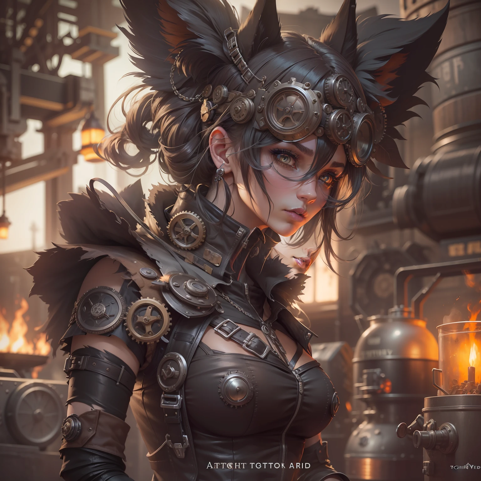A Punk and goth girl with goth outfit, fox ear, ripped body, wearing leather armor, leather legging, sexy, small boobs skulls and lit candles. realistic shadows, high quality, ultra detailed high resolution, sharp focus, depth of field, faded, (neutral colors:1.2), (hdr:1.4), (muted colors:1.2), hyperdetailed, (artstation:1.4), cinematic, warm lights, dramatic light, (intricate details:1.1), complex background, (rutkowski:0.66), (teal and orange:0.4)", detailed background, (steampunk theme:1.1) determined expression, technomancer dark couds, floating lights, colorful leather vest with gears, techwear, jetpack, workshop in the background, machines, gears, steam, industry, technology, oven, dirt, anvil, buttons, levers, automaton, electricity, electric sparks epic atmosphere.