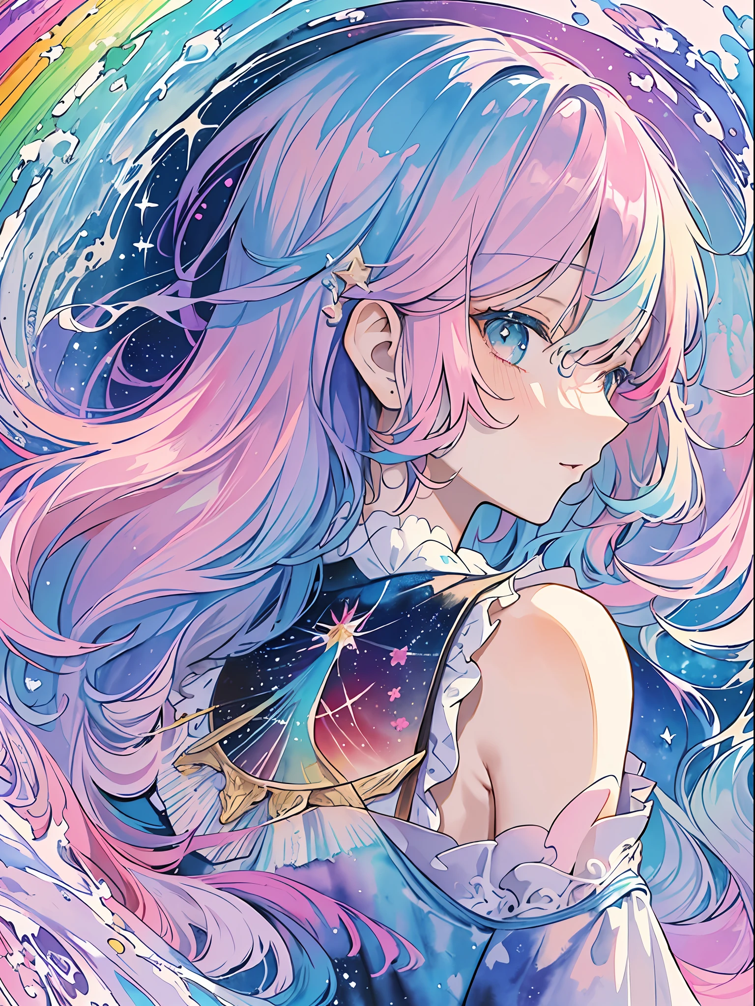 (masterpiece, top quality, best quality,watercolor (medium),official art, beautiful and aesthetic:1.2),(1girl:1.3), (fractal art:1.3),upper body, from side, looking at viewer,patterns,(rainbow color Hair,colorful hair,half blue and half pink hair:1.2),water,liquid, cloud,colorful, starry,stars,