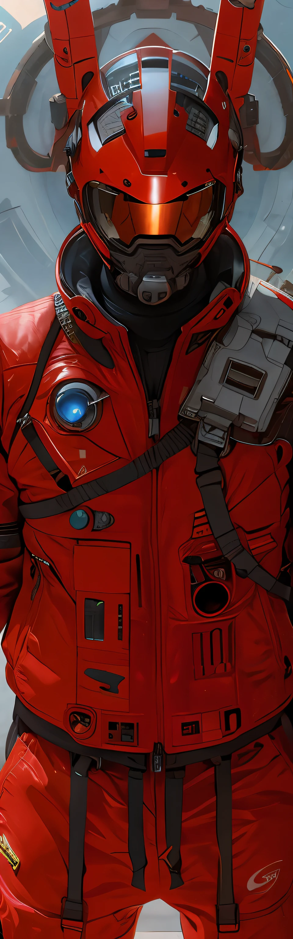There was a man in a red spacesuit standing in front of the satellite, wojtek fus, sci - fi details, science fiction suit, intense sci-fi details, Ultra detail. Digital painting, science fiction suit, Tech flight suits, Advanced technology flight suit, craig mullins style, detailed sci-fi art, futuristic spacesuit, Sci-fi spacesuit