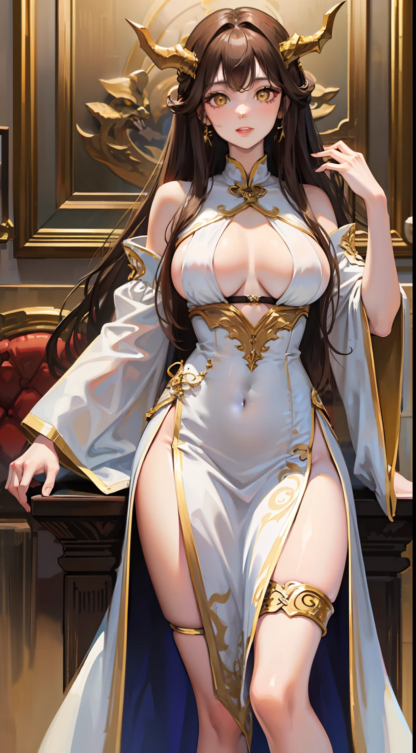 Tall girl, Long brown hair, dragon horns, Yellow eyes, white chinese dress, Gold inserts, open thighs, neckline on the chest, Masterpiece, hiquality