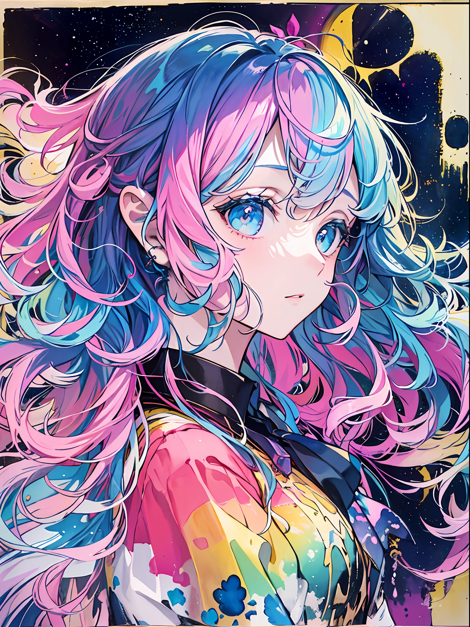 (masterpiece、top-quality、top-quality、watercolor paiting(Curly)、Official Art、Beautifully Aesthetic:1.2)、(1girl in:1.3)、(Fractal art:1.3)、The upper part of the body、from side、looking at the viewers、patterns、(rainbow-colored hair、colourful hair、Half blue and half pink hair:1.2)、Eau、liquids、clouds、colourfull、starrysky、stele、Splashes of bright colors、Rough kanji、
