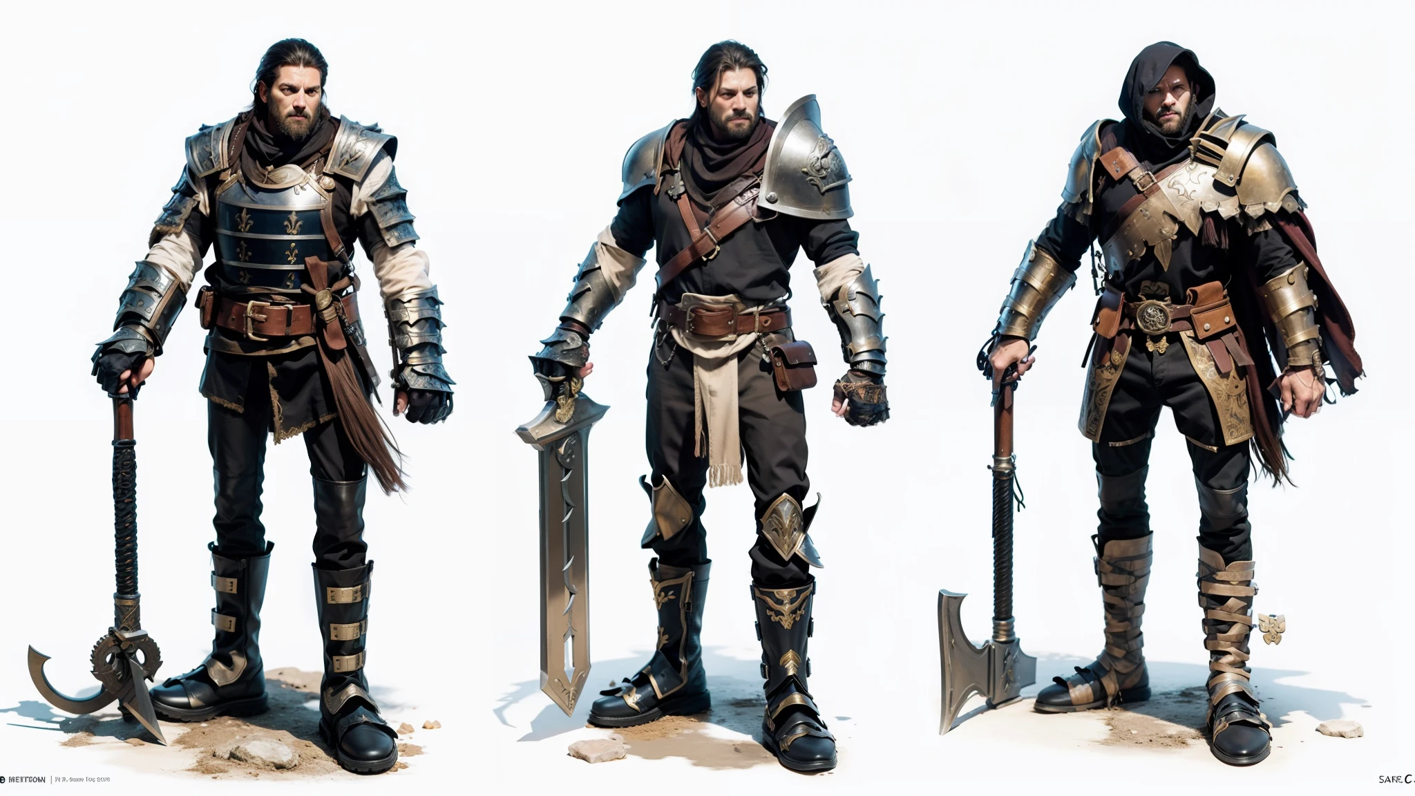 best quality, masterpiece, highly detailed, colored concept art sheet of three characters with weapons and leather and metal armor in a fantasy world, character concept art, warm colors, ultra sharp, realistic rendering, detailed full body, ultra detailed, 8k, trending on artstation, ultra realistic and sharp detail and intricate, intricate details, and style, simple background illustration, white flat background