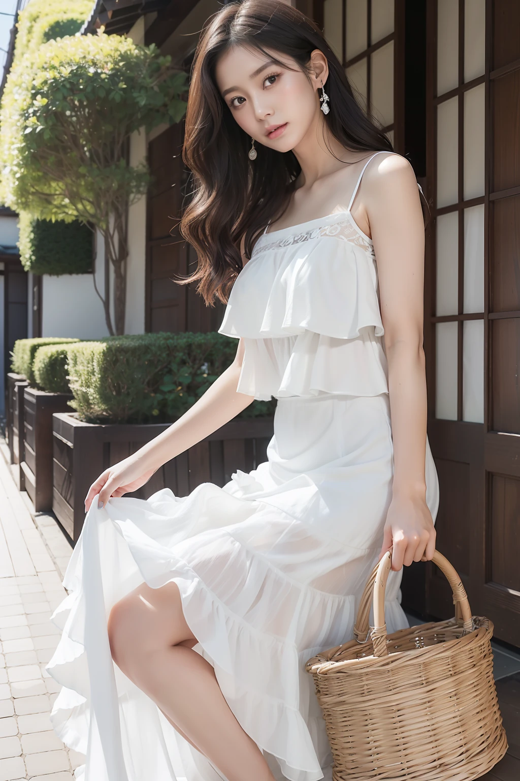 top-quality、masterpiece、highlight、shadowy、realphoto、1 Japan women、Korean Beauty、modeled、A dark-haired、Very short、loose wavy hair、big eye、Double eyes、White Ruffled Chiffon Sleeveless Top, White Tulle Maxi Skirt Dress, Mermaid Line, wicker basket bag.