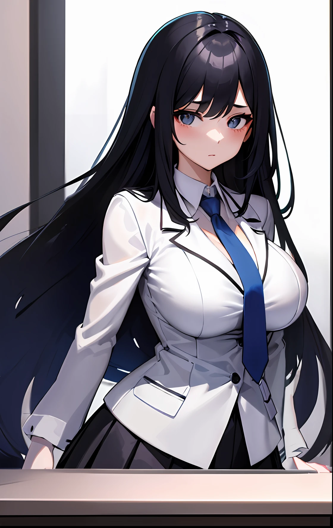 Anime girl with long black hair in white shirt and blue tie, anime moe art style, Smooth Anime CG Art, mayuri shiina from steins gate, Ilya Kuvshinov with long hair, yandere. tall, Seductive Anime Girl, Fine details. girls' frontline, Kantai Collection Style, azur lane style, high detailed official artwork
