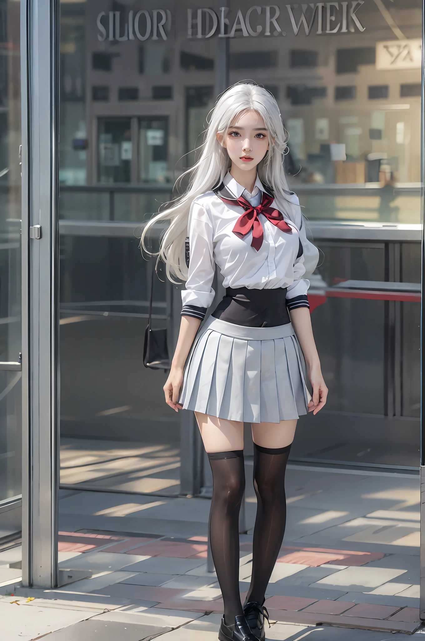photorealistic, high resolution, 1 women, solo, hips up, look at viewer, (detailed face), white hair, long hair, school uniform, skirt