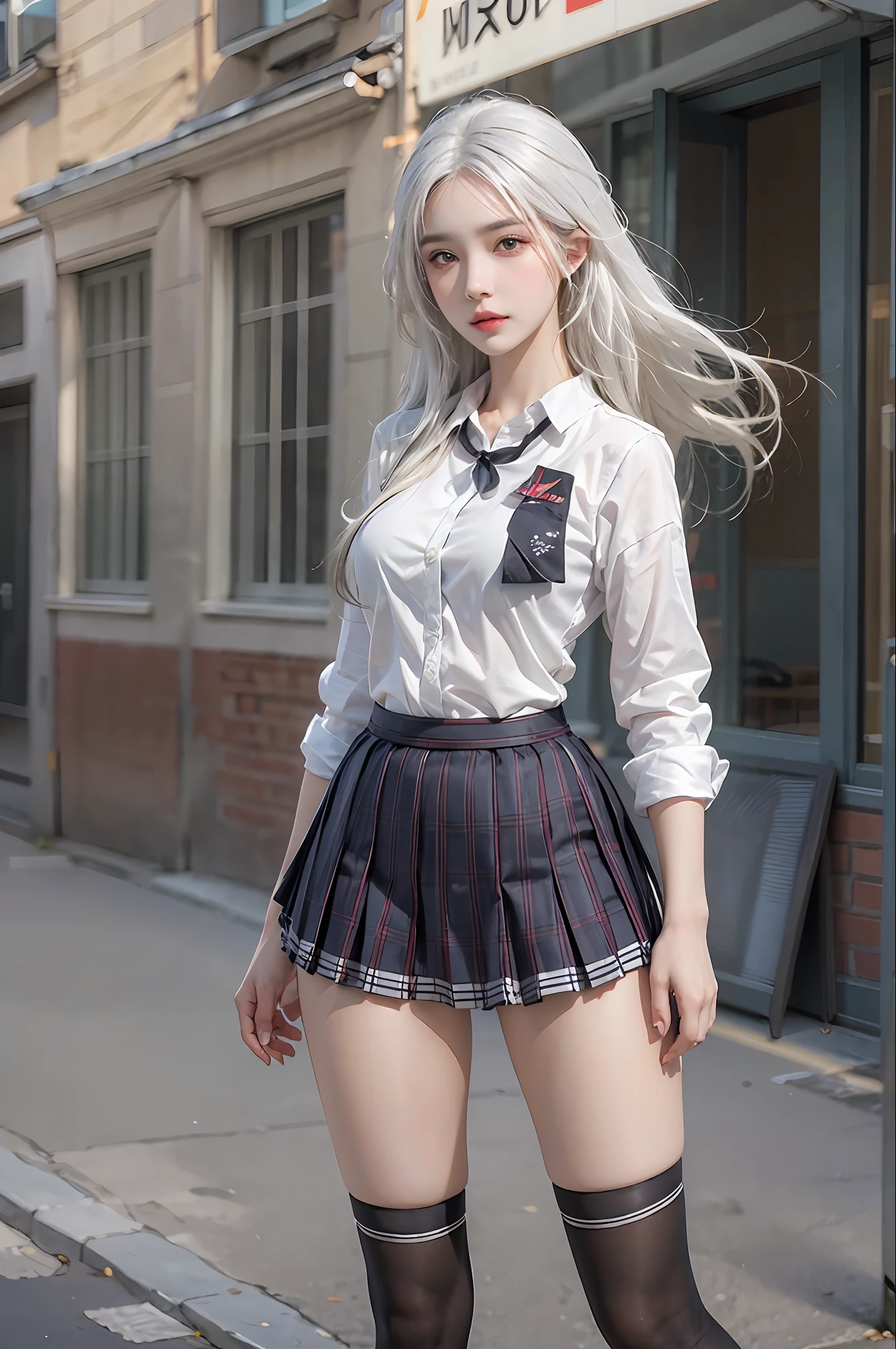 photorealistic, high resolution, 1 women, solo, hips up, look at viewer, (detailed face), white hair, long hair, school uniform, skirt