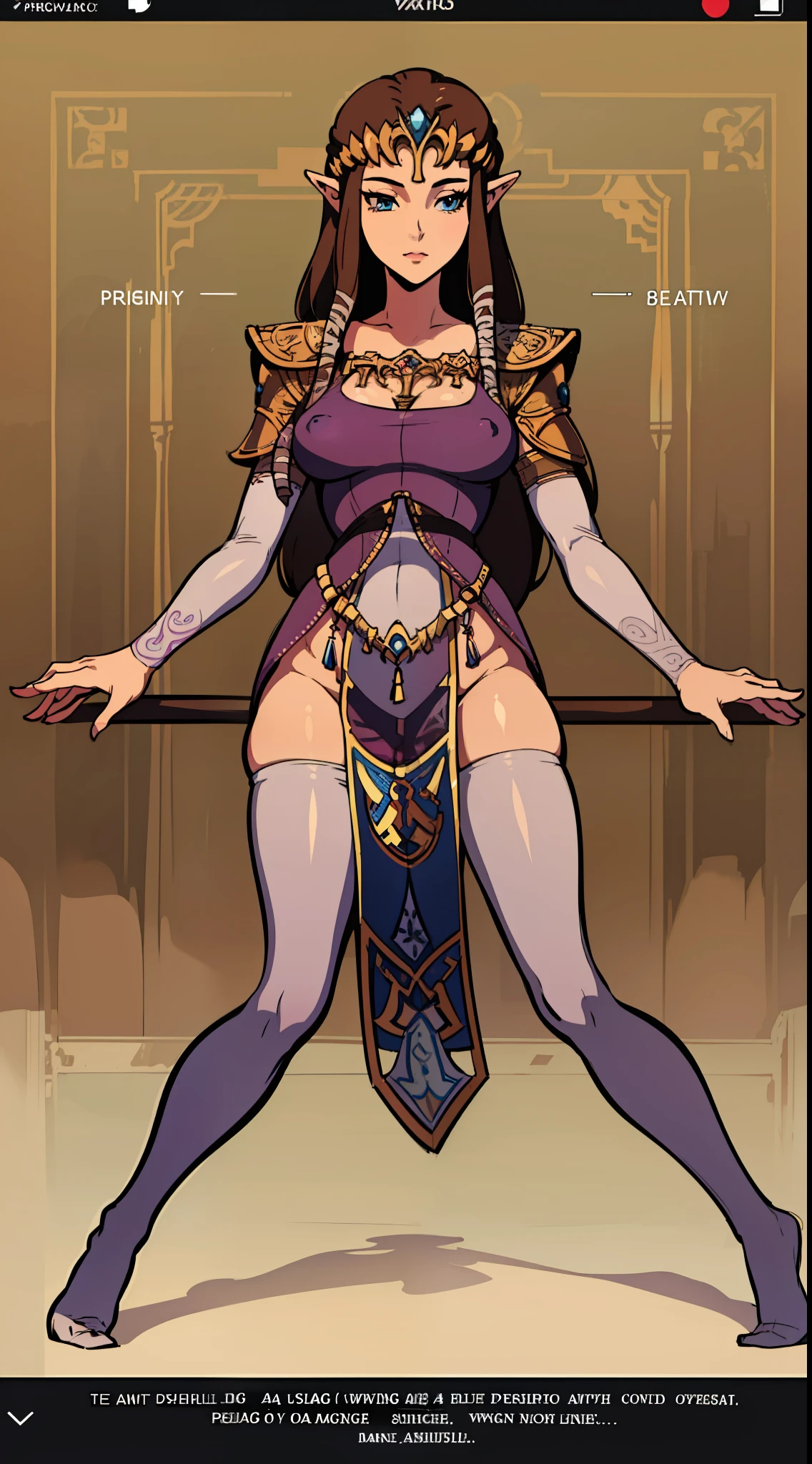 8K high quality, high accuracy, princess zelda, beautiful figure, beautiful face, small face, twilight princess, beautiful, purple full body tights, dress, bright, highlights in eyes, blue eyes, small ears, brown hair, sexy, super big breasts, extra large breasts, protruding nipples, erotic, illustration, beautiful line drawing. Beautiful line drawing.