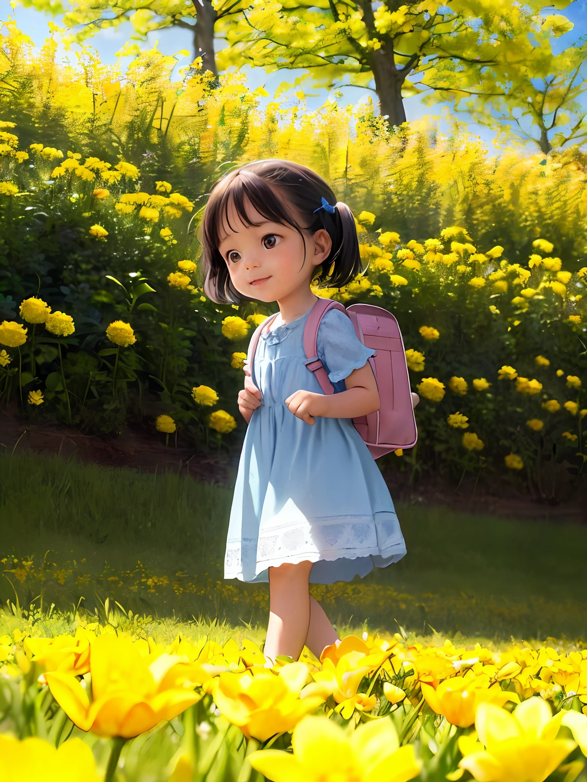 Prompt: An incredibly charming  girl carrying a backpack, accompanied by her adorable puppy, enjoying a lovely spring outing surrounded by beautiful yellow flowers and natural scenery. The illustration is in high definition at 4k resolution, with highly-detailed facial features and cartoon-style visuals.