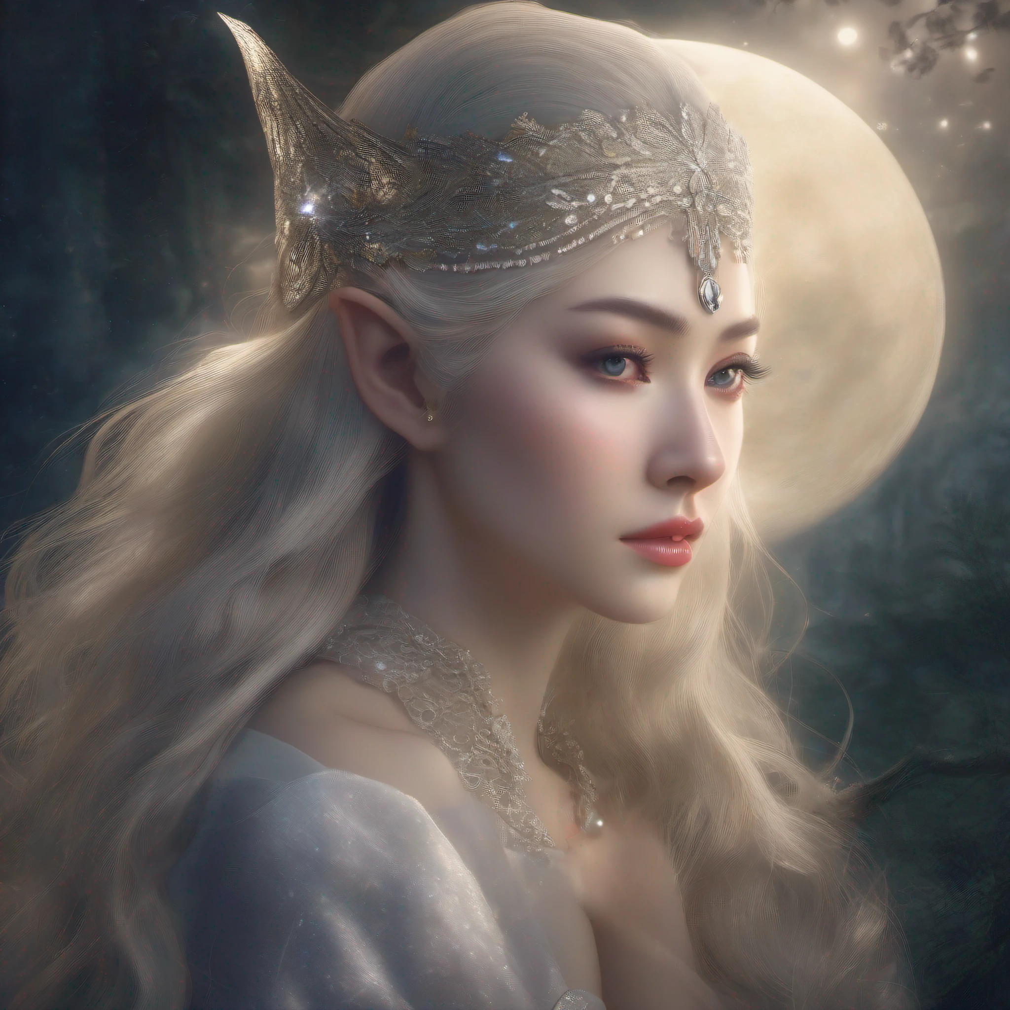 An elven maiden bathed in moonlight, her ethereal beauty is accentuated in Japanese retro style. Captured in a close-up, her expressive eyes glitter with secrets, in a composition that rivals the mesmerizing portraits of Albert Watson. Rendered in UHD for stunning detail. --ar 5:7 --s 400 --niji 5