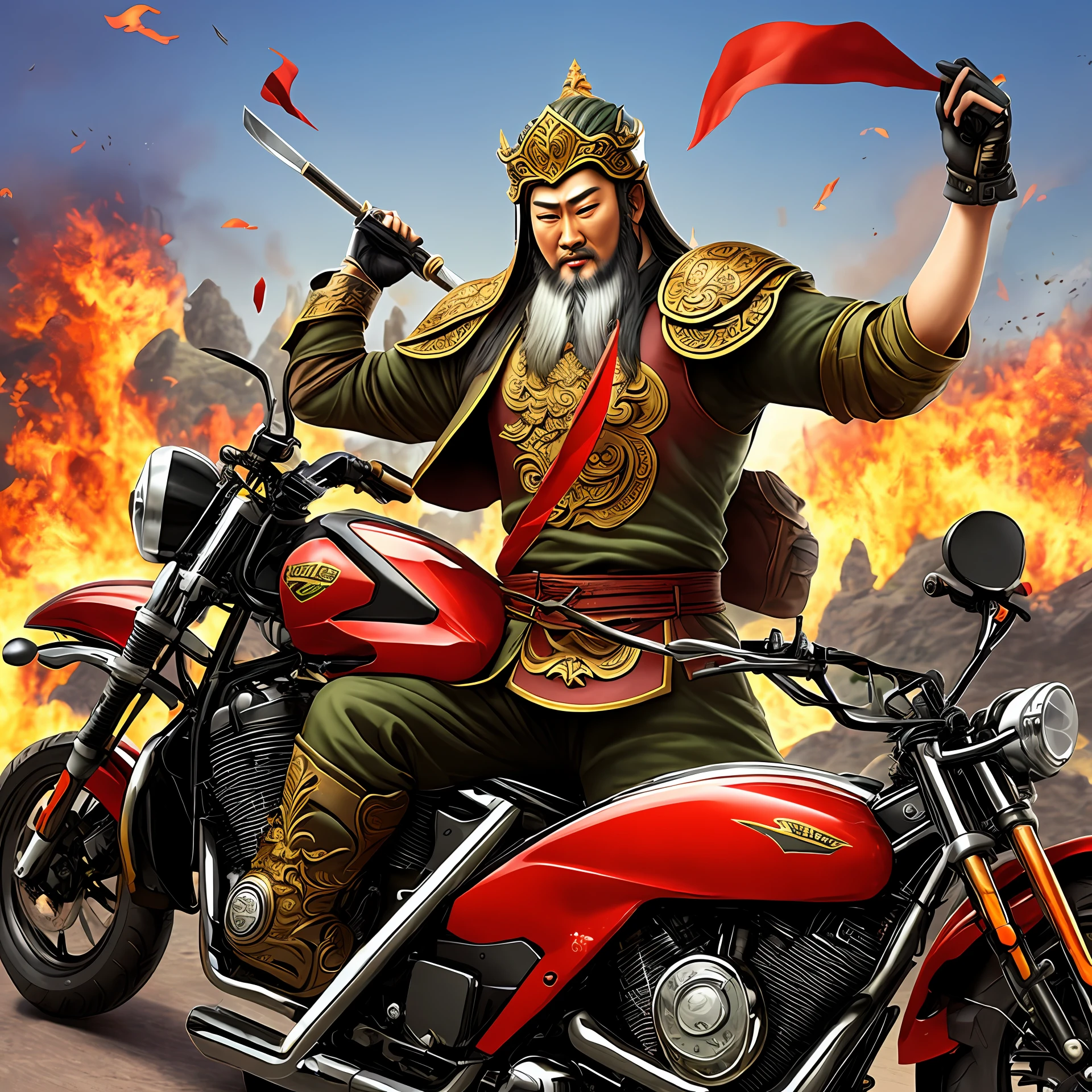 Guan Yu rides a motorcycle with a big knife