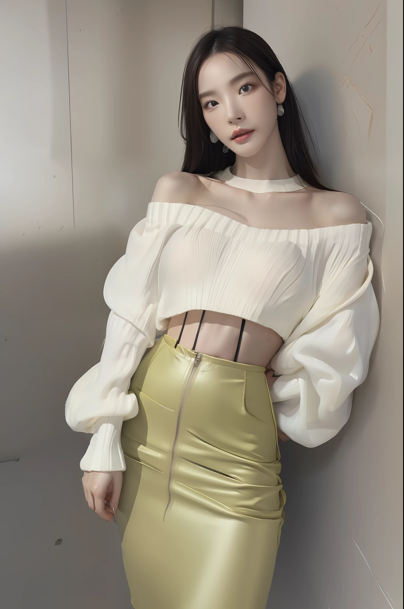 NSFW,best qualtiy,tmasterpiece,超高分辨率,(Photoreal:1.3),8K,RAW photos,1girll,exteriors,Balenciaga model, (off-shoulder sweater, Crop tops, long-sleeves sweater), wearing a white skirt,gigantic cleavage breasts,full bodyesbian,Photoshop,Fashionab,minimalistic background,Natural skin texture,Playboy model,Natural skin texture,dynamicposes,filmgrain,