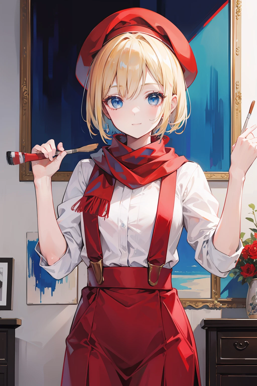 Short blonde hair,eBlue eyes,Red berets,Blue scarf,Suspenders,Painting,Hold a brush,Artis,liveroom,ssmile,European