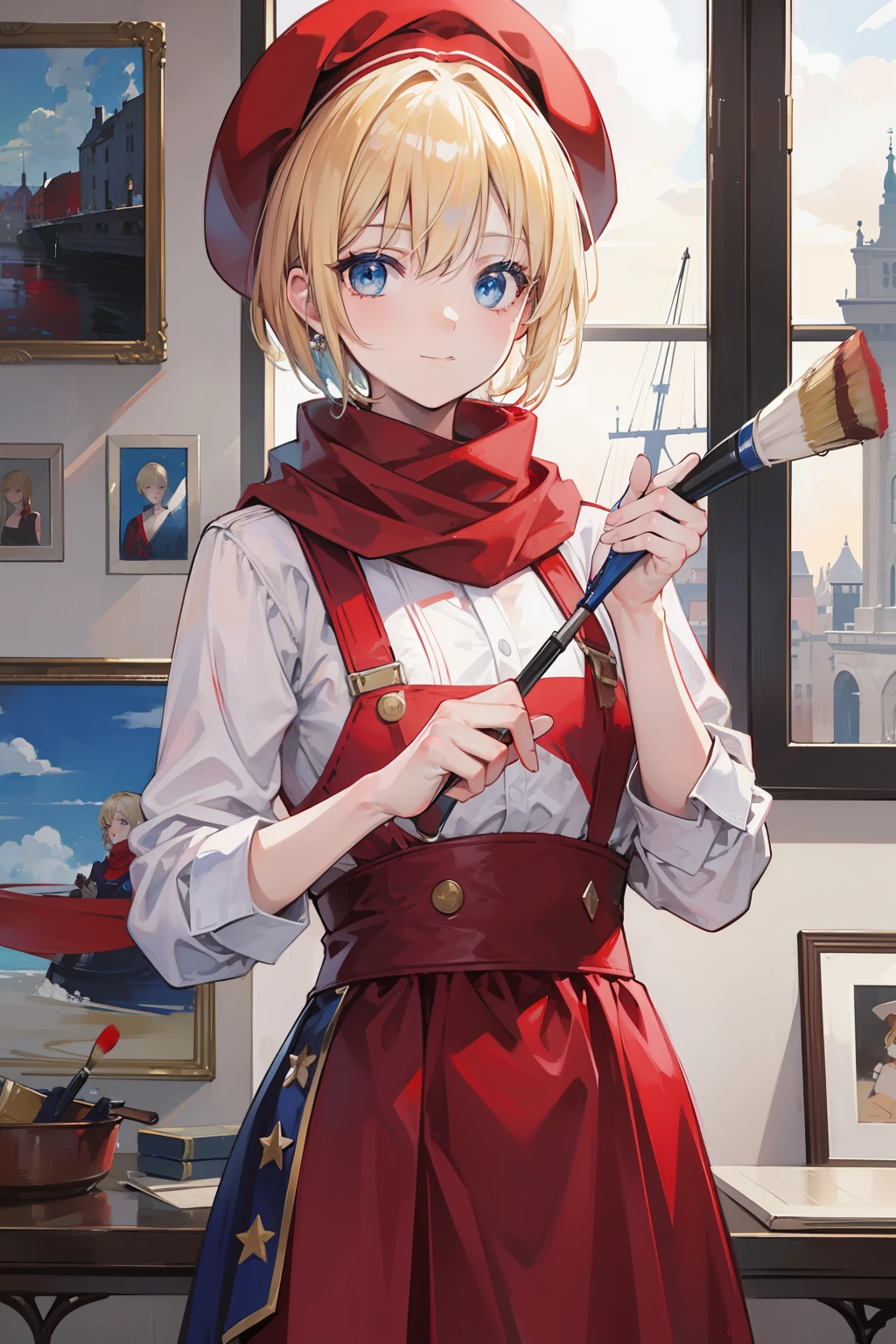 Short blonde hair,eBlue eyes,Red berets,Blue scarf,Suspenders,Painting,Hold a brush,Artis,liveroom,ssmile,European