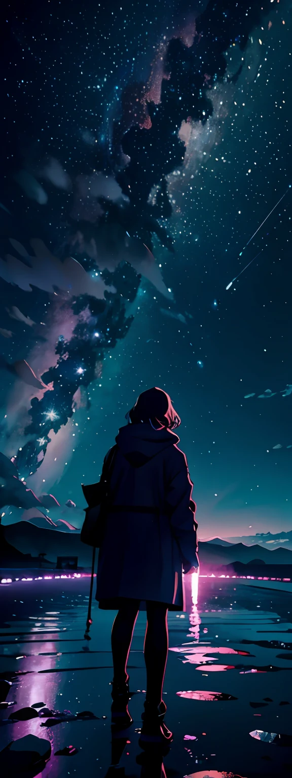 Expansive fireworks photo、（View from below with the sky and the sea below）、Girl standing on the beach and looking up、（fullmoon：1.2）、（shooting stars：0.9）、（nebulas：1.3）、mountain in the distance、(fireflys:1.2)、abajour、Purple and orange、intricate detailes、Volume Lighting BREAK (​masterpiece:1.2)、(top-quality)、4k、ultra-detailliert、（The composition of the movement：1.4）、Highly detailed and colorful details（Irridescent color：1.2）