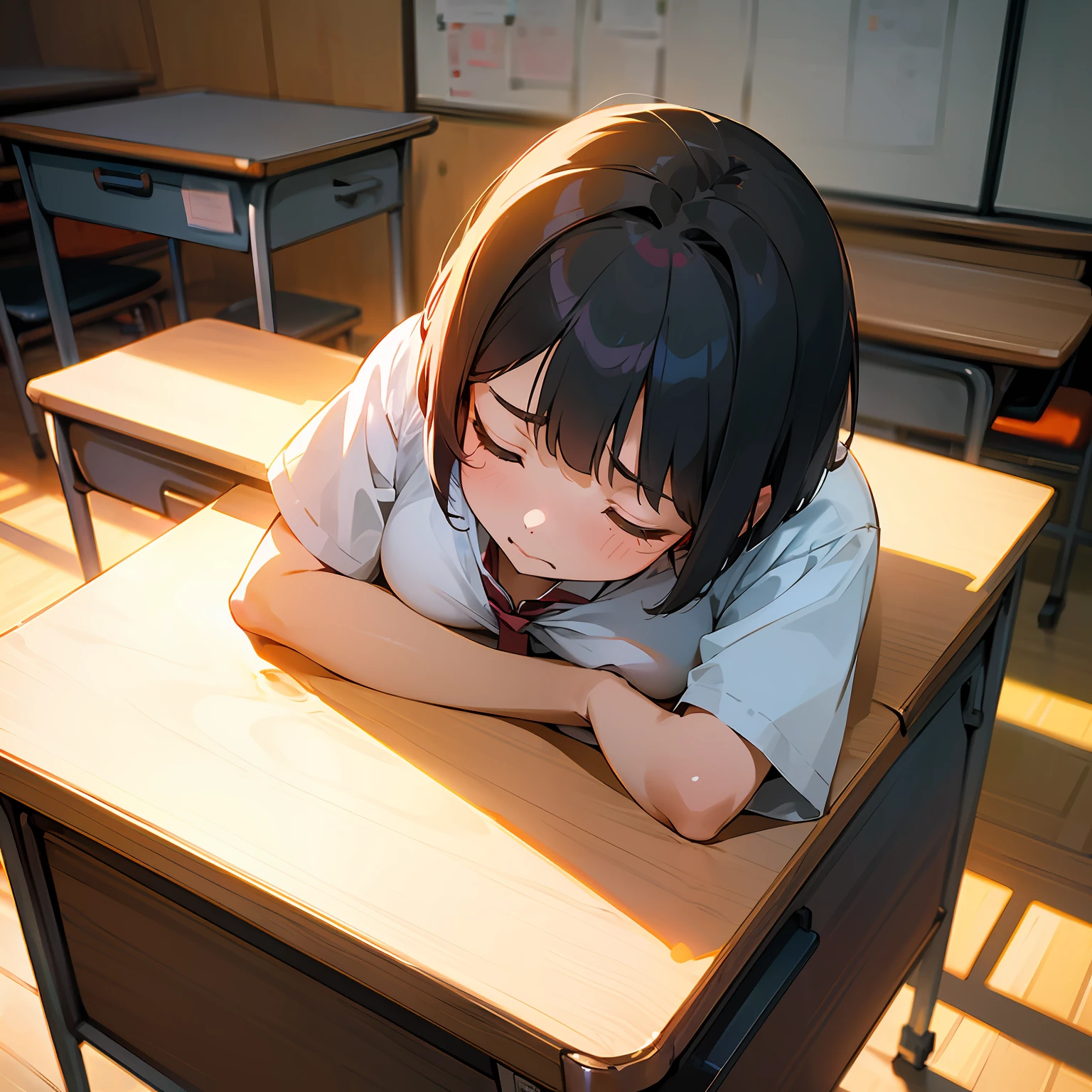 4K, student, japanes, teenrl, a junior high school student, Classroom, desk work, Sit up, (((dozing))), Short bob hair, White shirt with dark red tie, Checked pleated skirt, Pencil, Colossal tits, (((Face down on the desk))), droolng