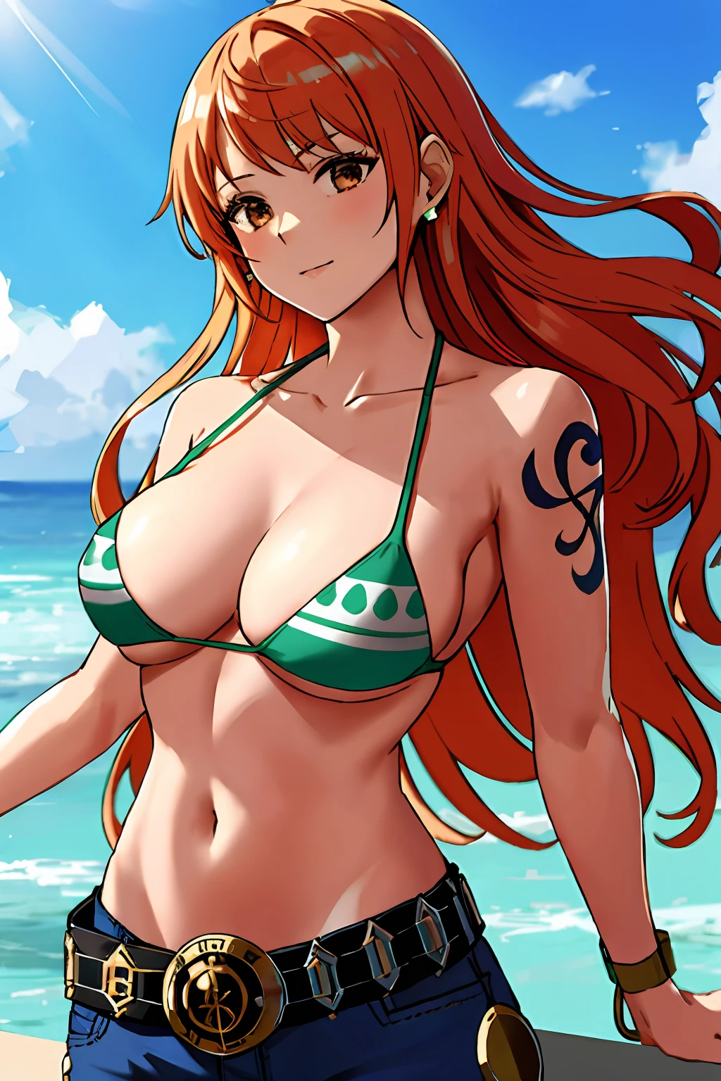 detailed background, masterpiece, 4k, best quality, adult, wrestler, 1girl, active, energic, uppercut, (large mouth) , solo, nami \(one piece\), 1girl, bangle, wet, soaked in sweat, perfect detailed face, bold drawing lines, muscular arms, detailed bold arm lines, flat jaw, adult woman, wavy wide streaked bangs, floating bang streaks, (big cheeks), bare shoulders, off-shoulders, belt, bikini, bikini top only, blue sky, bracelet, springy breasts, breast lines, big round eyes, plain big brown shiny eyes, bubble, high eye position, cleavage, cloud, day, denim, earrings, floating hair, shiny hair, green belt, green bikini, bold groin lines, jeans, jewelry, medium breasts, log pose, long hair, looking at viewer, navel, wet hair, orange hair, pants, shoulder tattoo, sidelocks, sky, solo, standing, stomach, swimsuit, tattoo , looking at viewer, open mouth, detailed left arm, big forehead, hourglass figure, small head, very happy, laughing, toned body, wide hair, wind effect, sun effect, under the sun, narrow small ears angle, older, random poses, tired