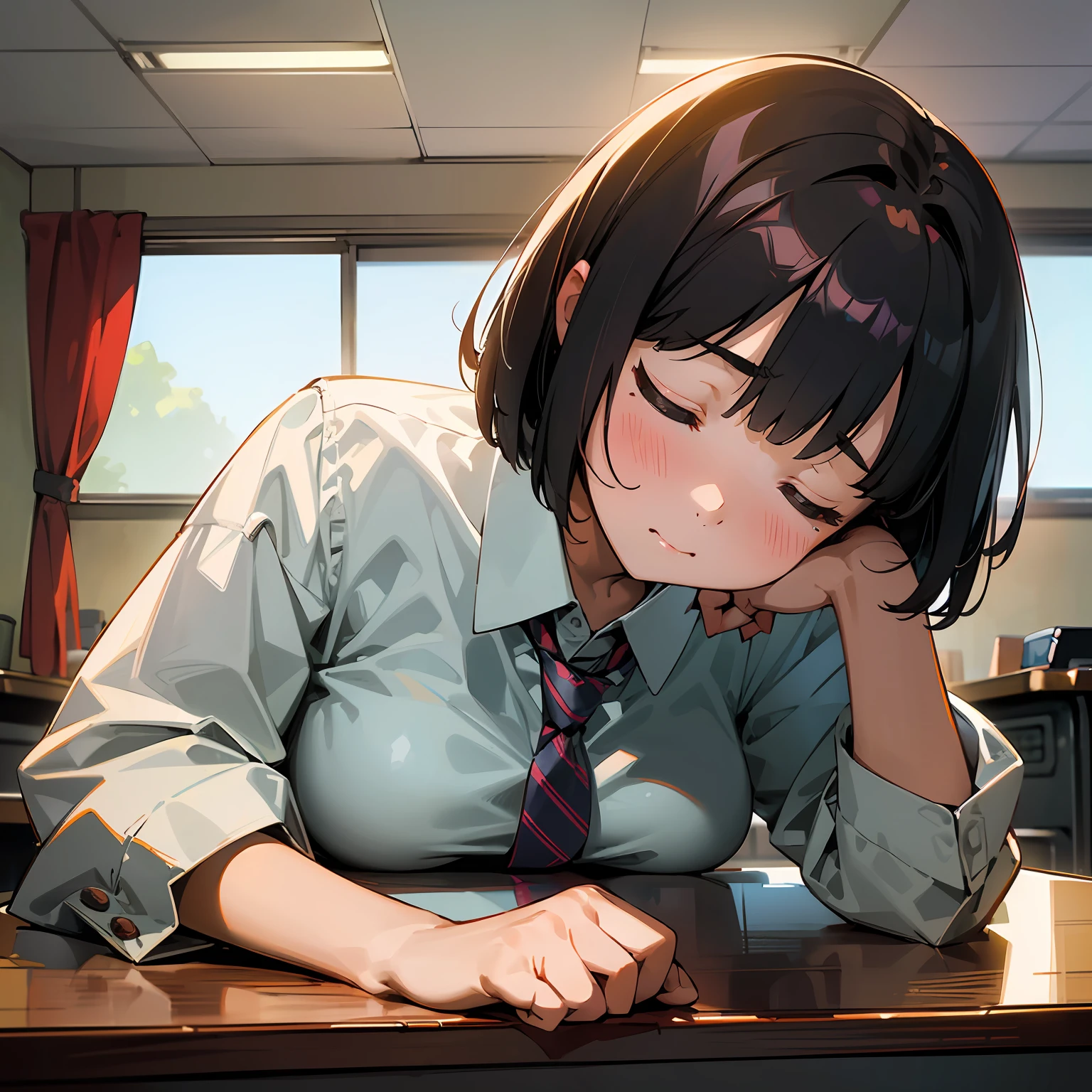 4K, 15yo student, japanes, teens girl, a junior high school student, Classroom, desk work, Sit up, (((dozing))), Short bob hair, White shirt with dark red tie, Checked pleated skirt, Pencil, Colossal tits, (((Face down on the desk))), droolng