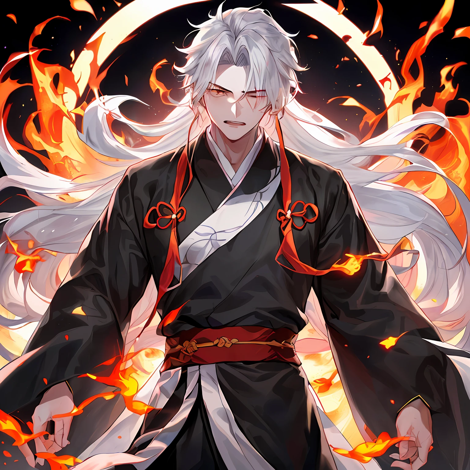 (1 person) (((1 boy))), (((aboy))). (((White Hanfu Youth)), (((Black Clothes))), (((Long White Hair))), Wang Qi, gorgeous, handsome, outstanding temperament, face full of pain, endless flames around him, (background: there are three transparent red figures in the celestial realm)