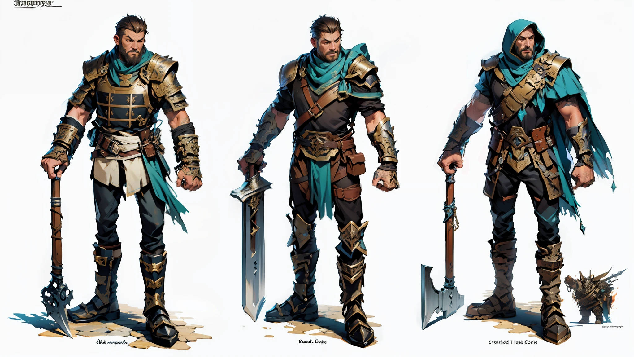 best quality, masterpiece, highly detailed, colored concept art sheet of three characters with weapons and leather and metal armor in a fantasy world, character concept art, warm colors, ultra sharp, realistic rendering, detailed full body, ultra detailed, 8k, trending on artstation, ultra realistic and sharp detail and intricate, intricate details, and style, simple background illustration, white flat background